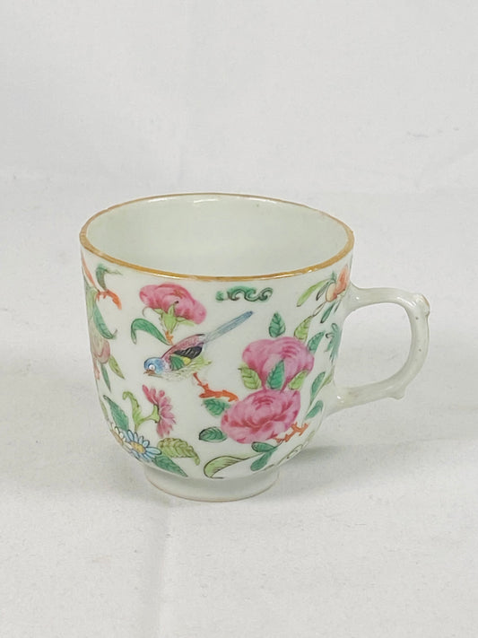 Antique Qing Celadon Porcelain Teacup w Canton famille rose enamels. Tongzhi period circa 1860