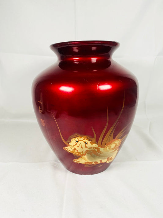 Midcentury True Japanese Red Urushi Lacquer Vase, Handpainted with Foo / Shishi Lion Motif