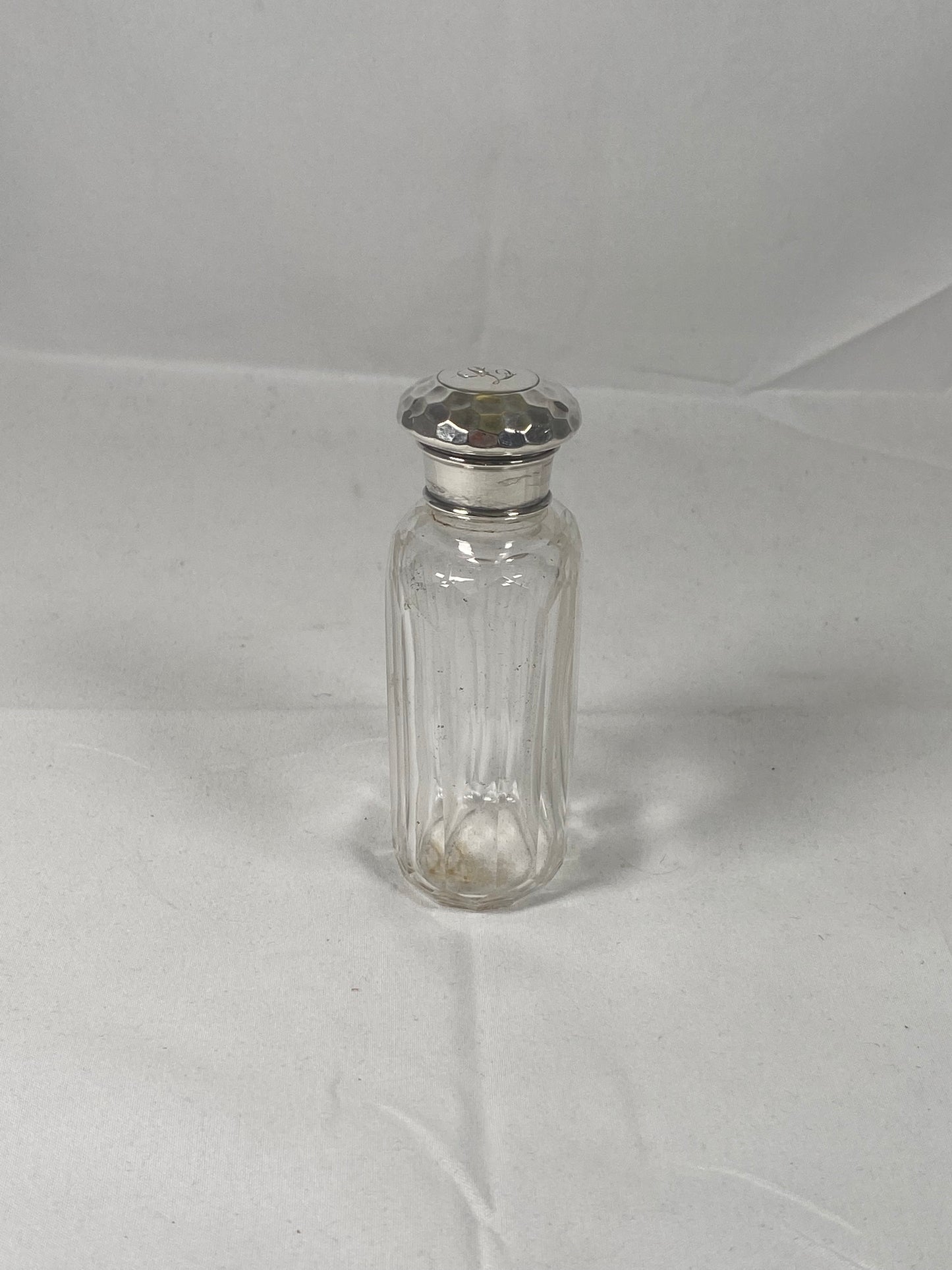 Victorian Cut Glass Bottle Hallmarked London 1899 with Planished Sterling Silver Lid