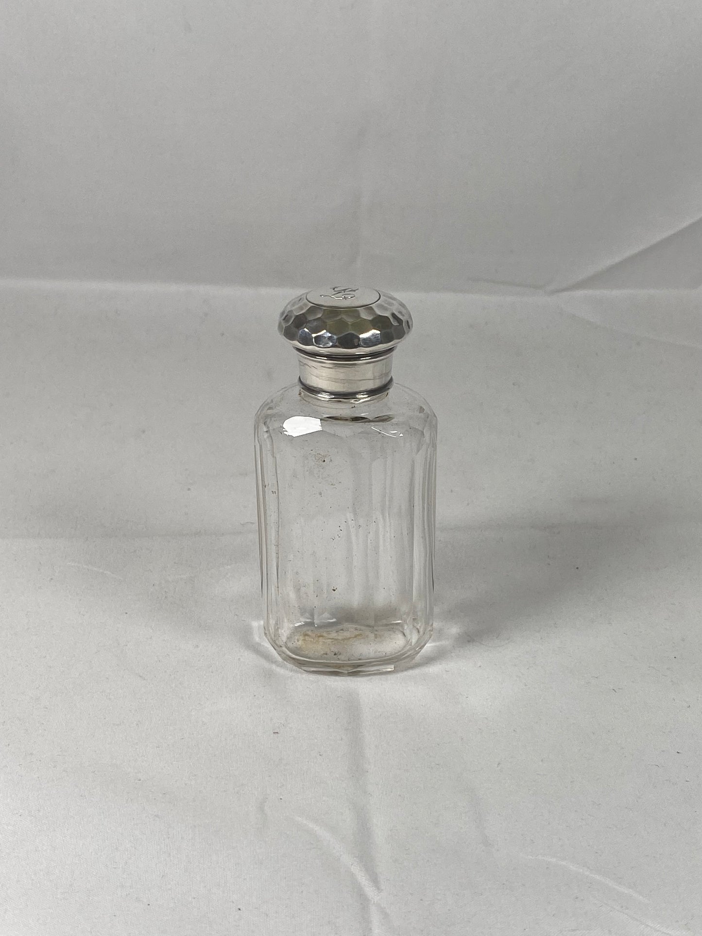 Victorian Cut Glass Bottle Hallmarked London 1899 with Planished Sterling Silver Lid