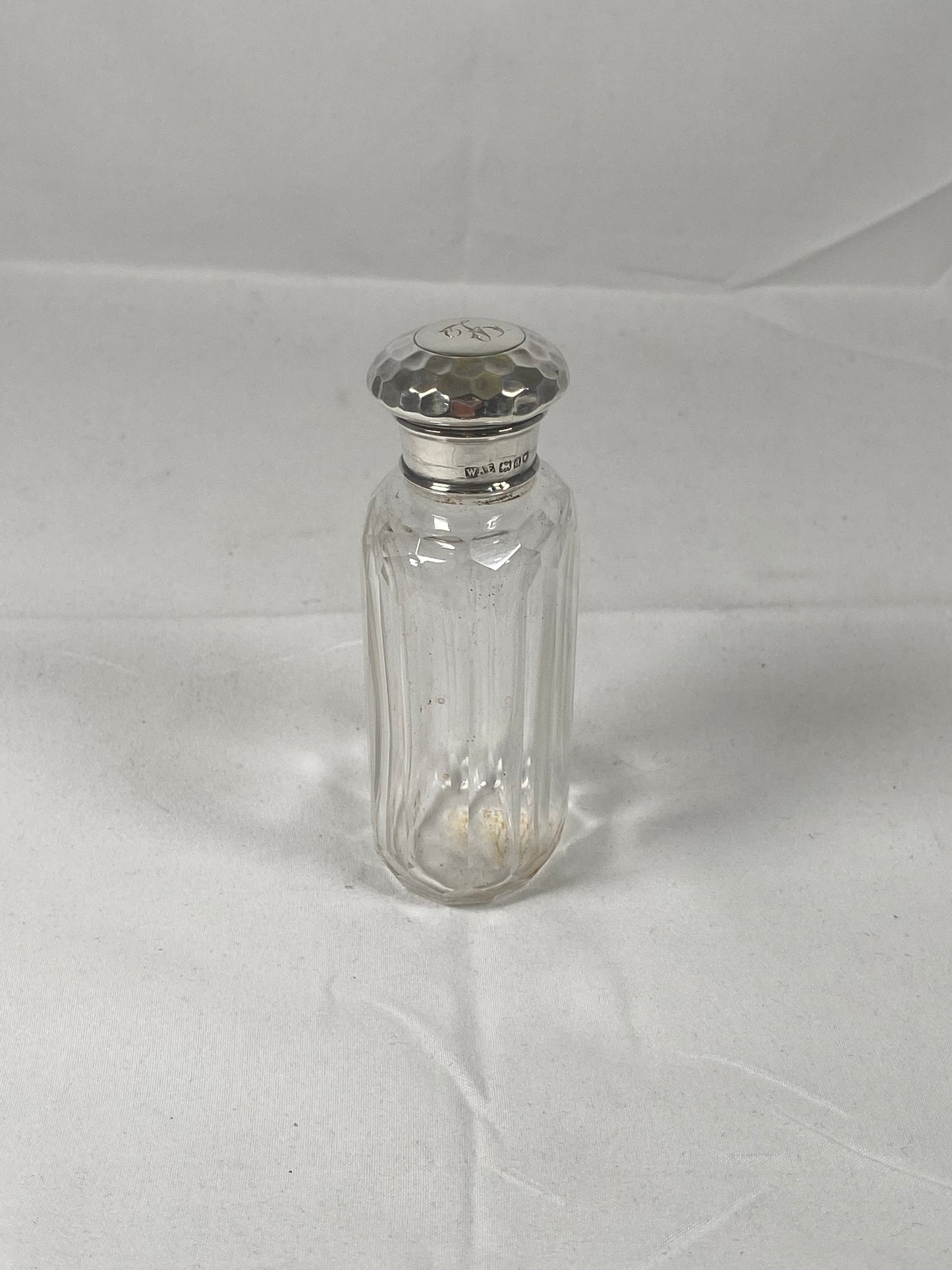 Victorian Cut Glass Bottle Hallmarked London 1899 with Planished Sterling Silver Lid