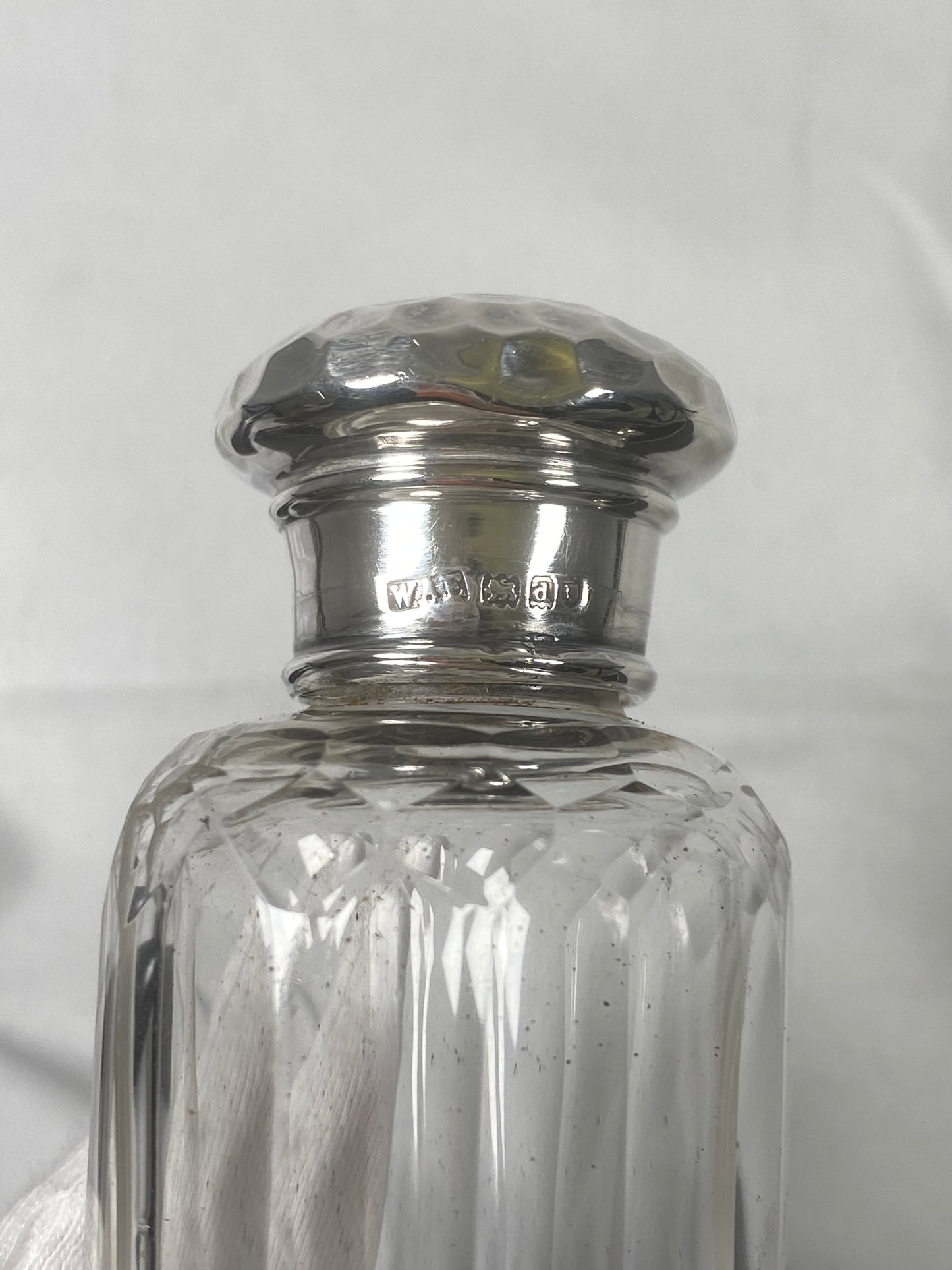 Victorian Cut Glass Bottle Hallmarked London 1899 with Planished Sterling Silver Lid