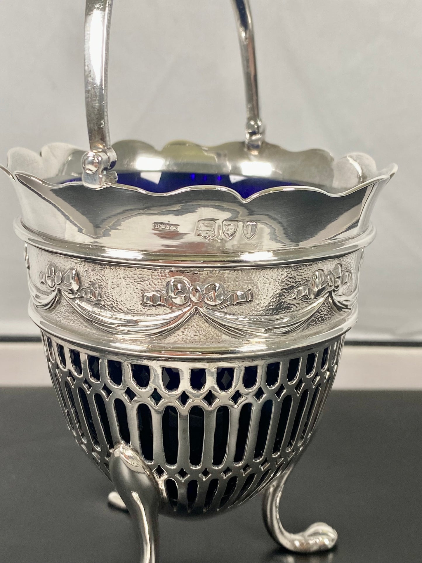 Late Victorian sterling silver pierced egg-shaped basket w cobalt blue glass liner