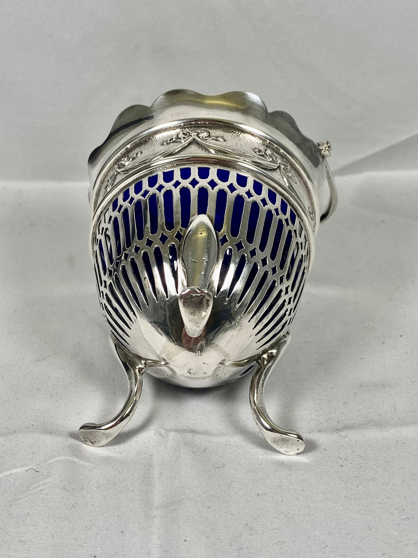 Late Victorian sterling silver pierced egg-shaped basket w cobalt blue glass liner