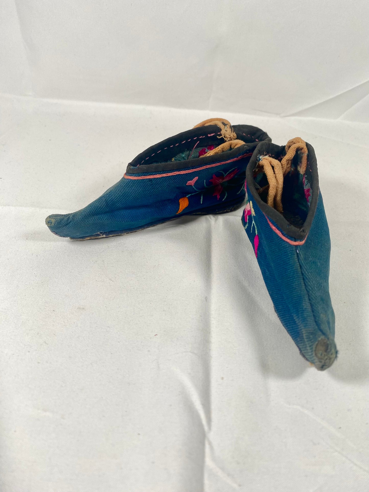 Antique Chinese Lotus / Golden Lily Shoes circa late 19th century, Dark Blue Cotton, possibly Funeral or Burial in Nature