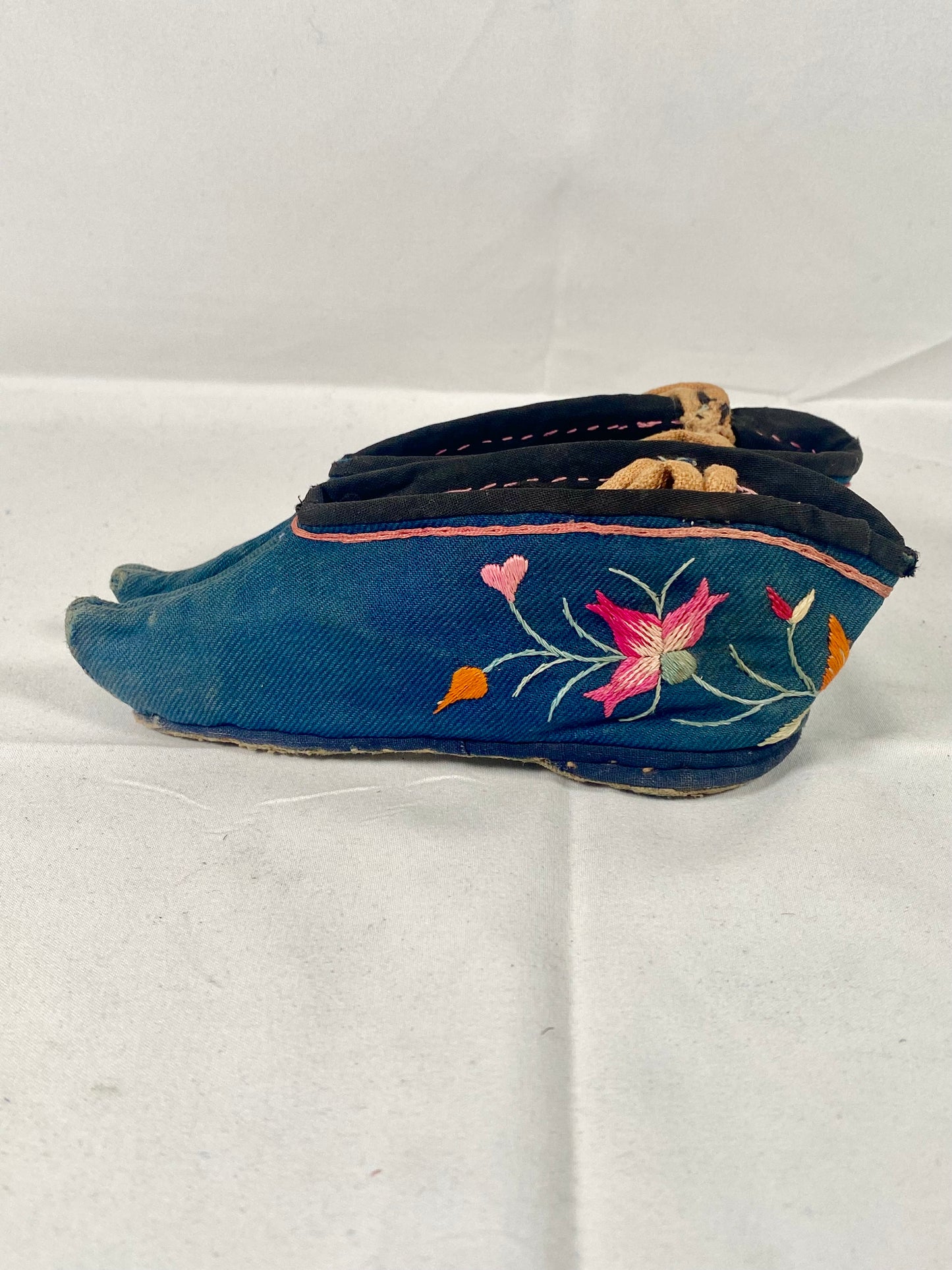 Antique Chinese Lotus / Golden Lily Shoes circa late 19th century, Dark Blue Cotton, possibly Funeral or Burial in Nature