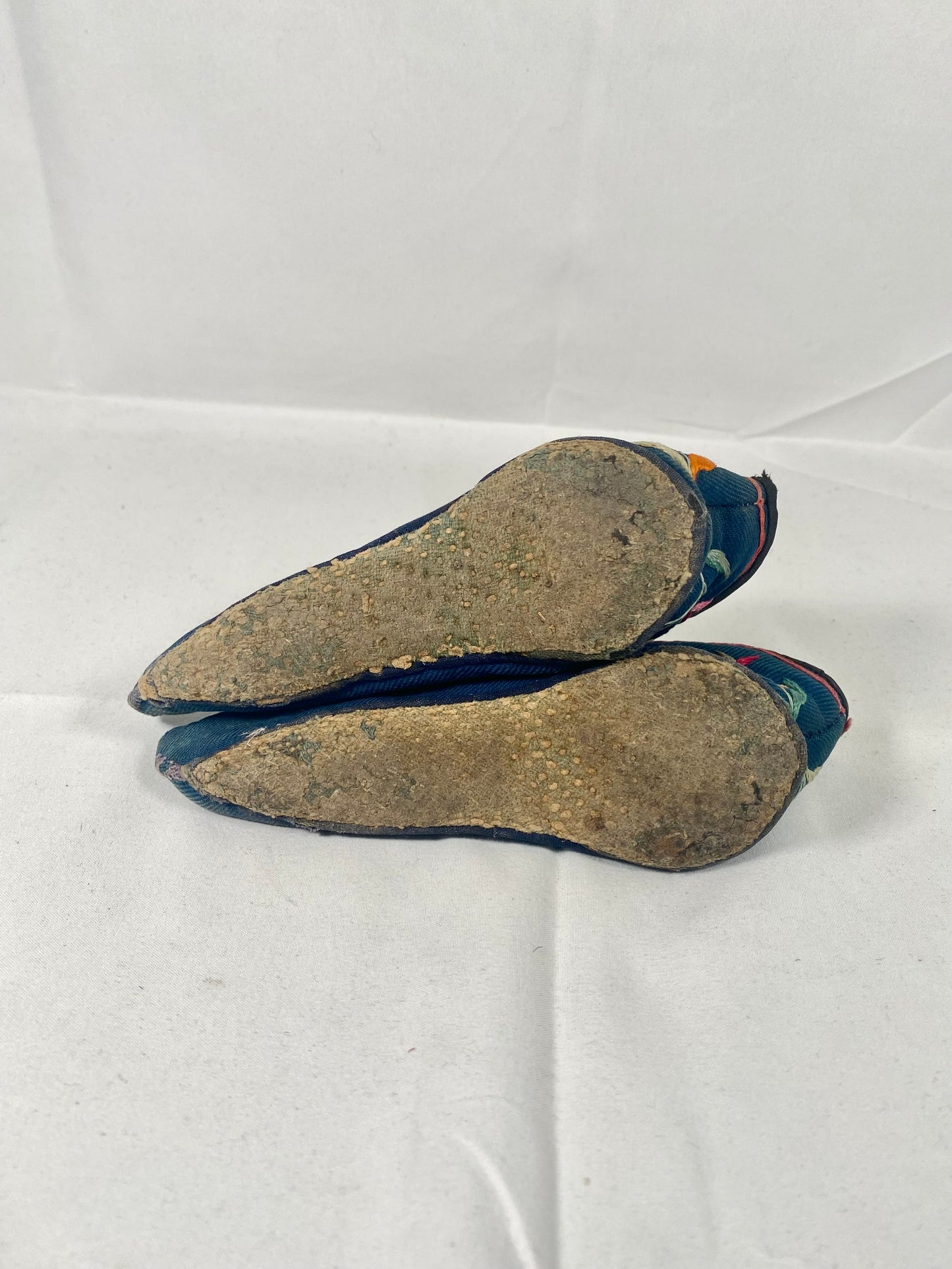 Antique Chinese Lotus / Golden Lily Shoes circa late 19th century, Dark Blue Cotton, possibly Funeral or Burial in Nature