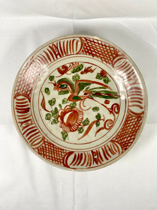 16 世纪中国明代大号汕头盘，饰罕见红绿凤凰图案