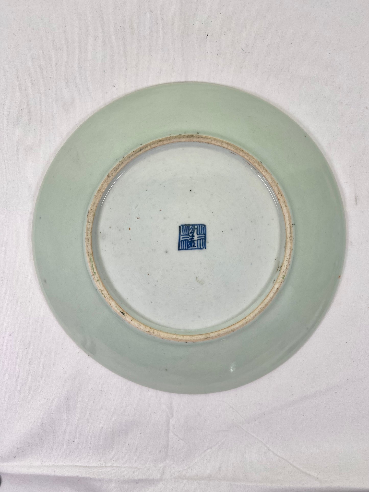 Antique Qing Celadon Porcelain Plate w Canton famille rose enamels. Tongzhi period circa 1860