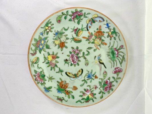 Antique Qing Celadon Porcelain Plate w Canton famille rose enamels. Tongzhi period circa 1860