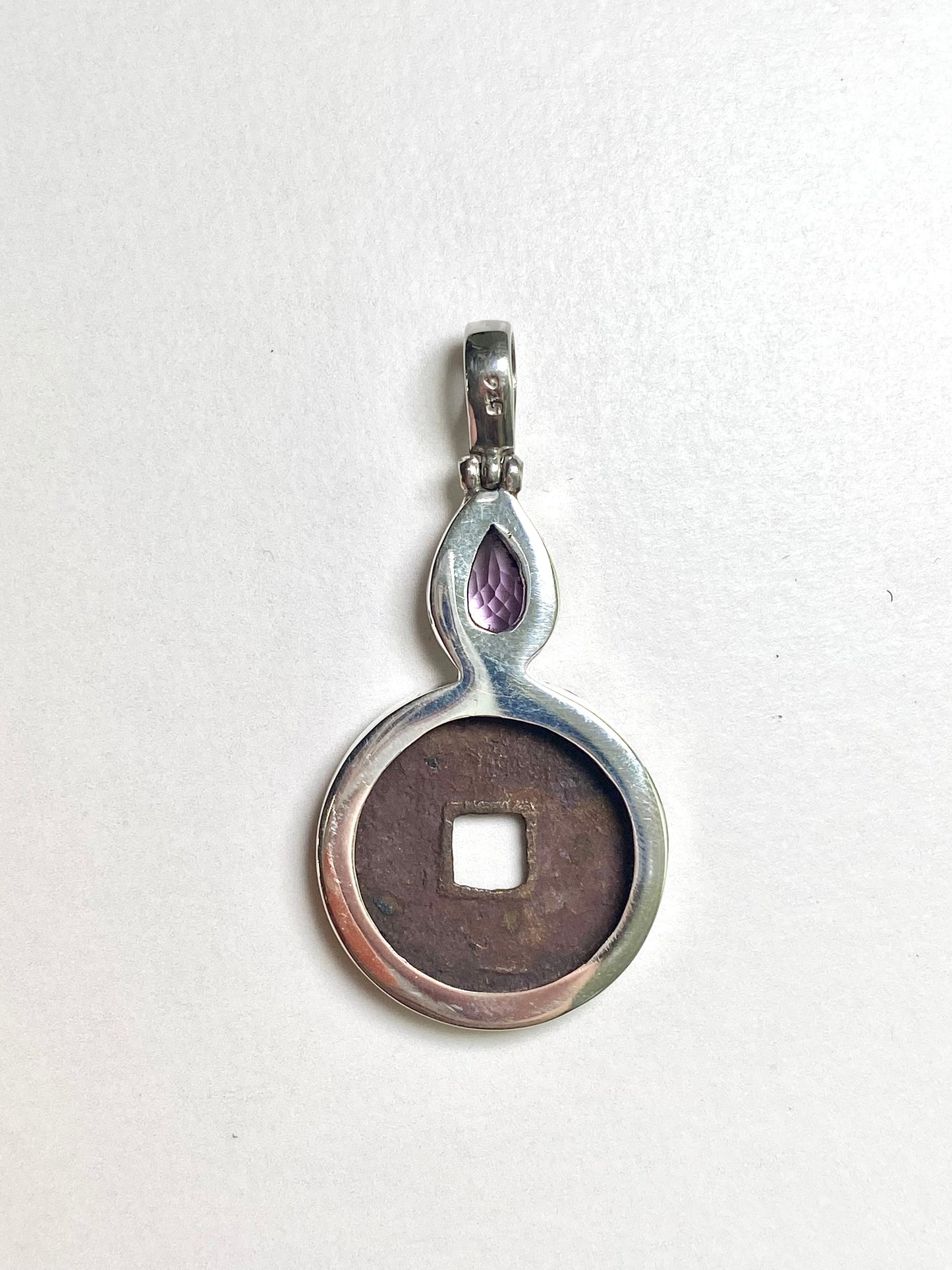 Antique early Ming Yong Le Reign Cash Coin Pendant- Sterling Silver w Amethyst circa 1408-1424