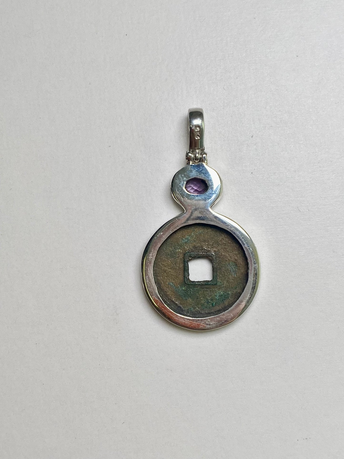 Antique early Ming Yong Le Reign Cash Coin Pendant- Sterling Silver w Amethyst circa 1408-1424