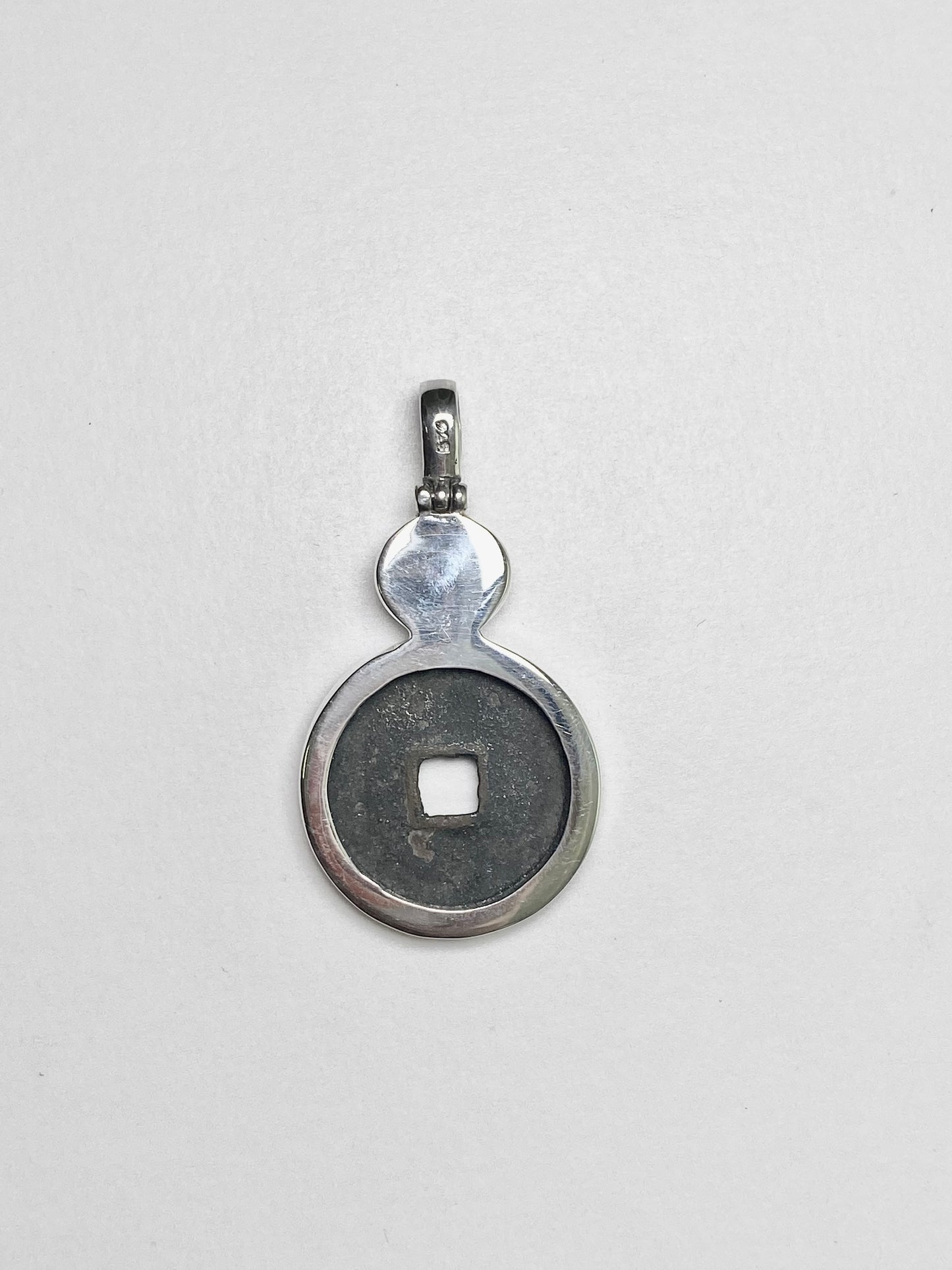 Antique early Ming Yong Le Reign Cash Coin Pendant- Sterling Silver w Turquoise circa 1408-1424