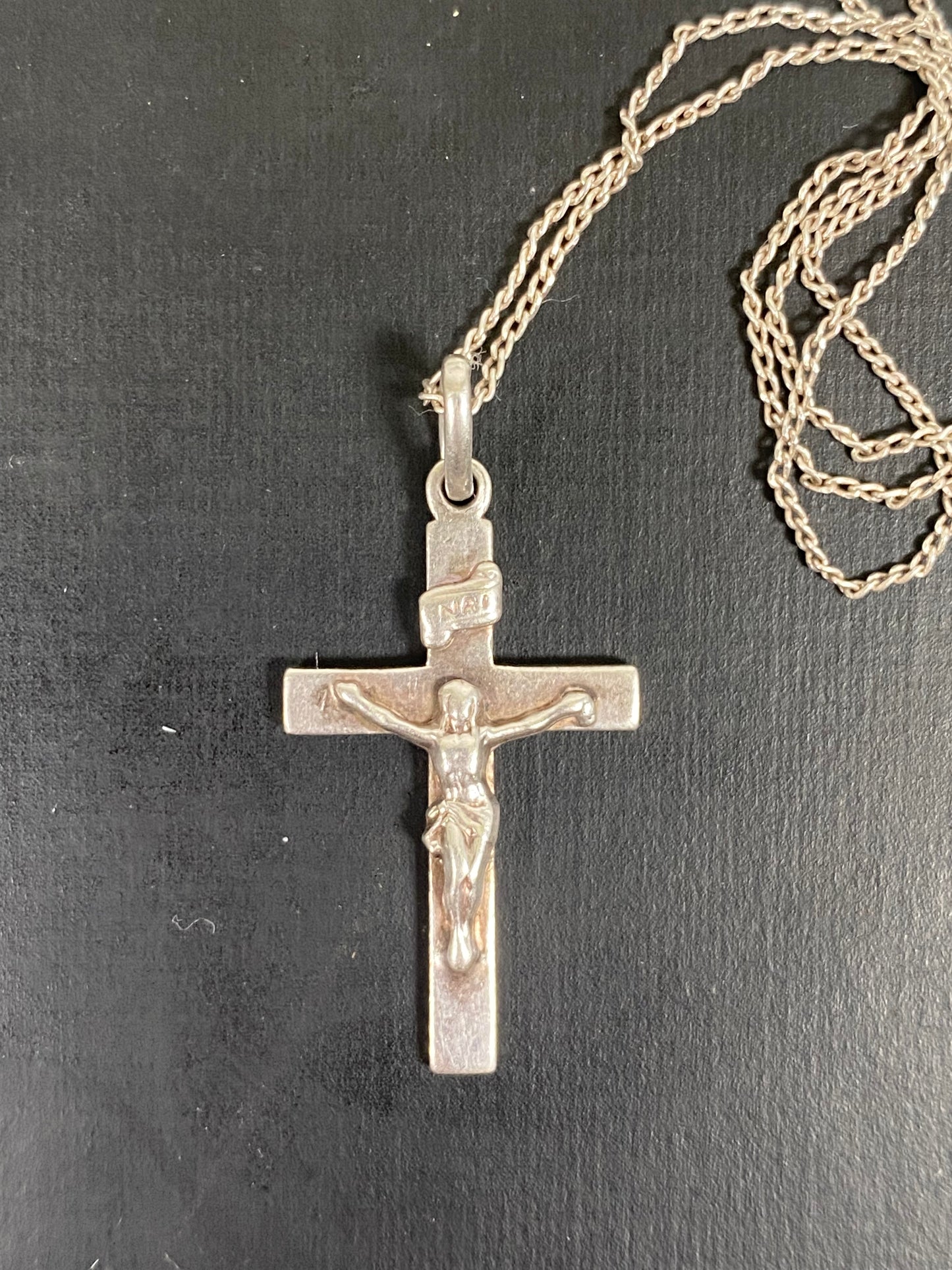 Vintage sterling silver crucifix rosary necklace w "INRI" Inscription