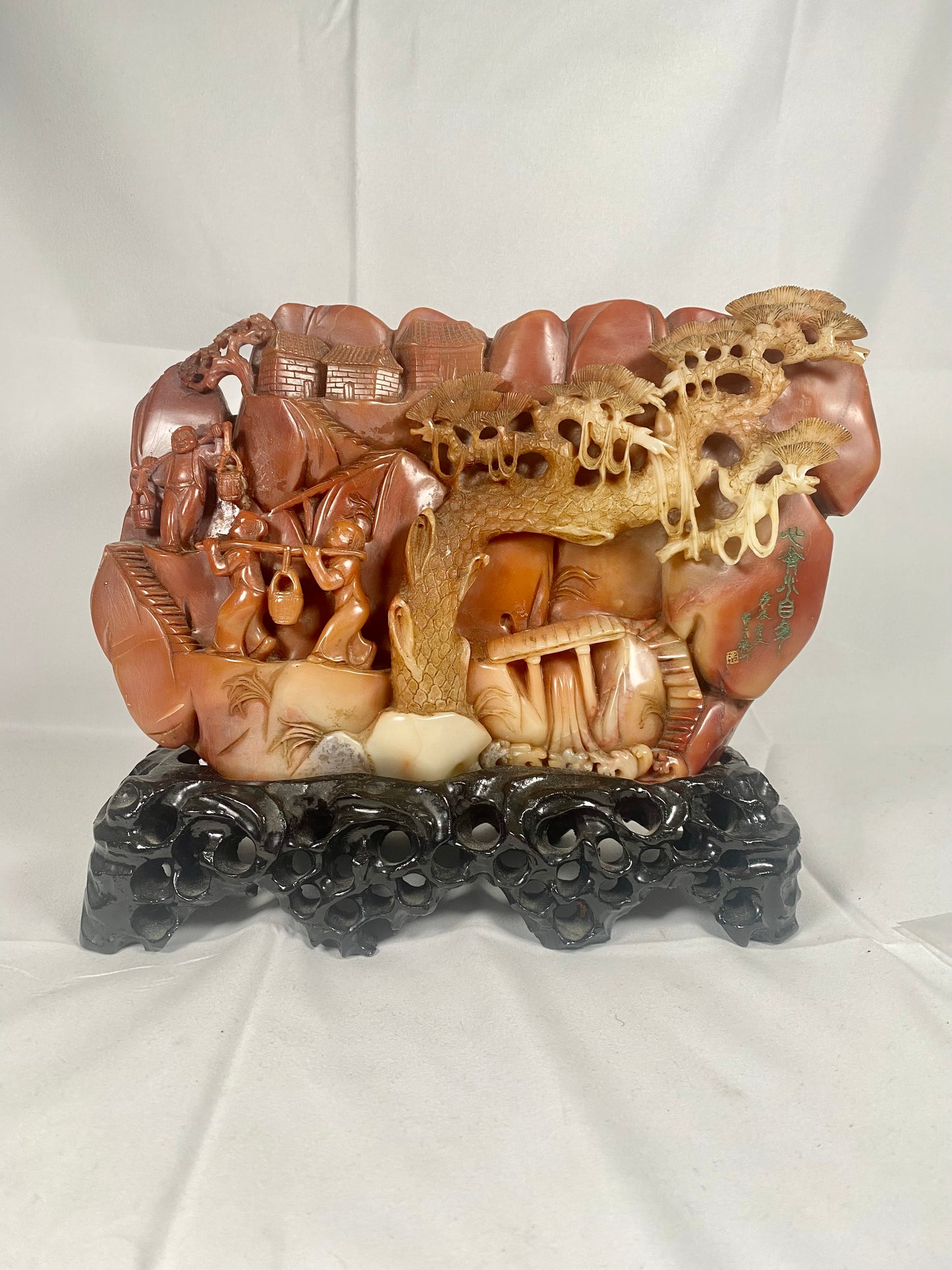 Mid to Late 20th Century Chinese Carved Shoushan Stone Mountain Village On Wood Stand