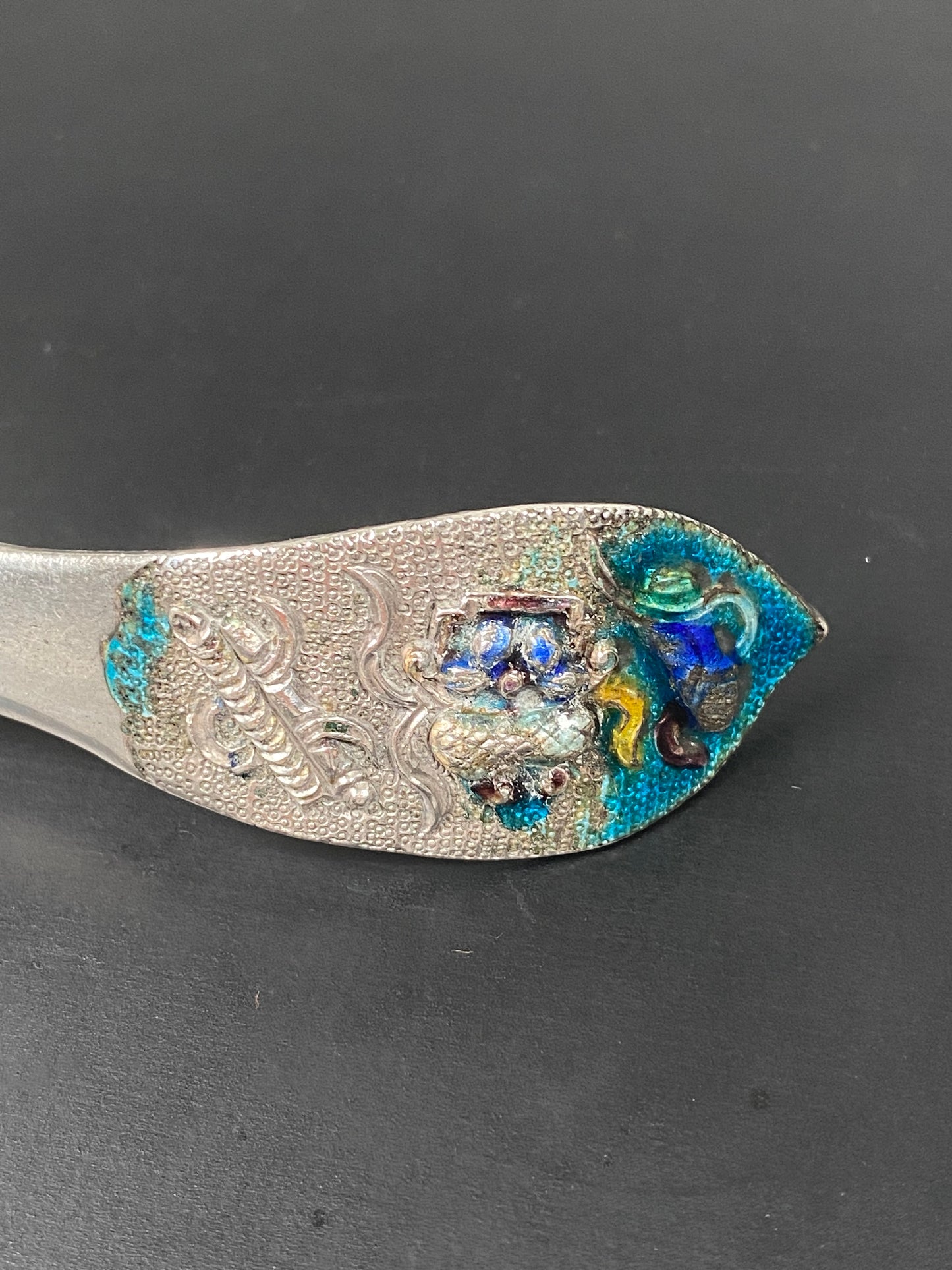 Mid to Late Qing enamel and silver hairpin, Chinese Domestic possibly Export Silver