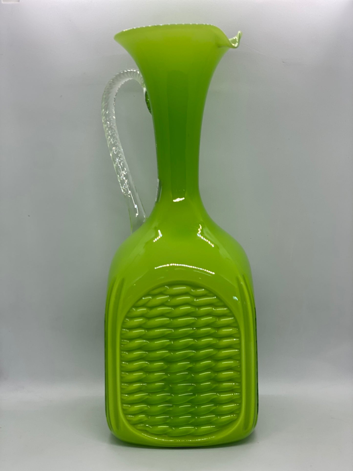 Mid century Green Art Glass Vase with Basket Weave Detail