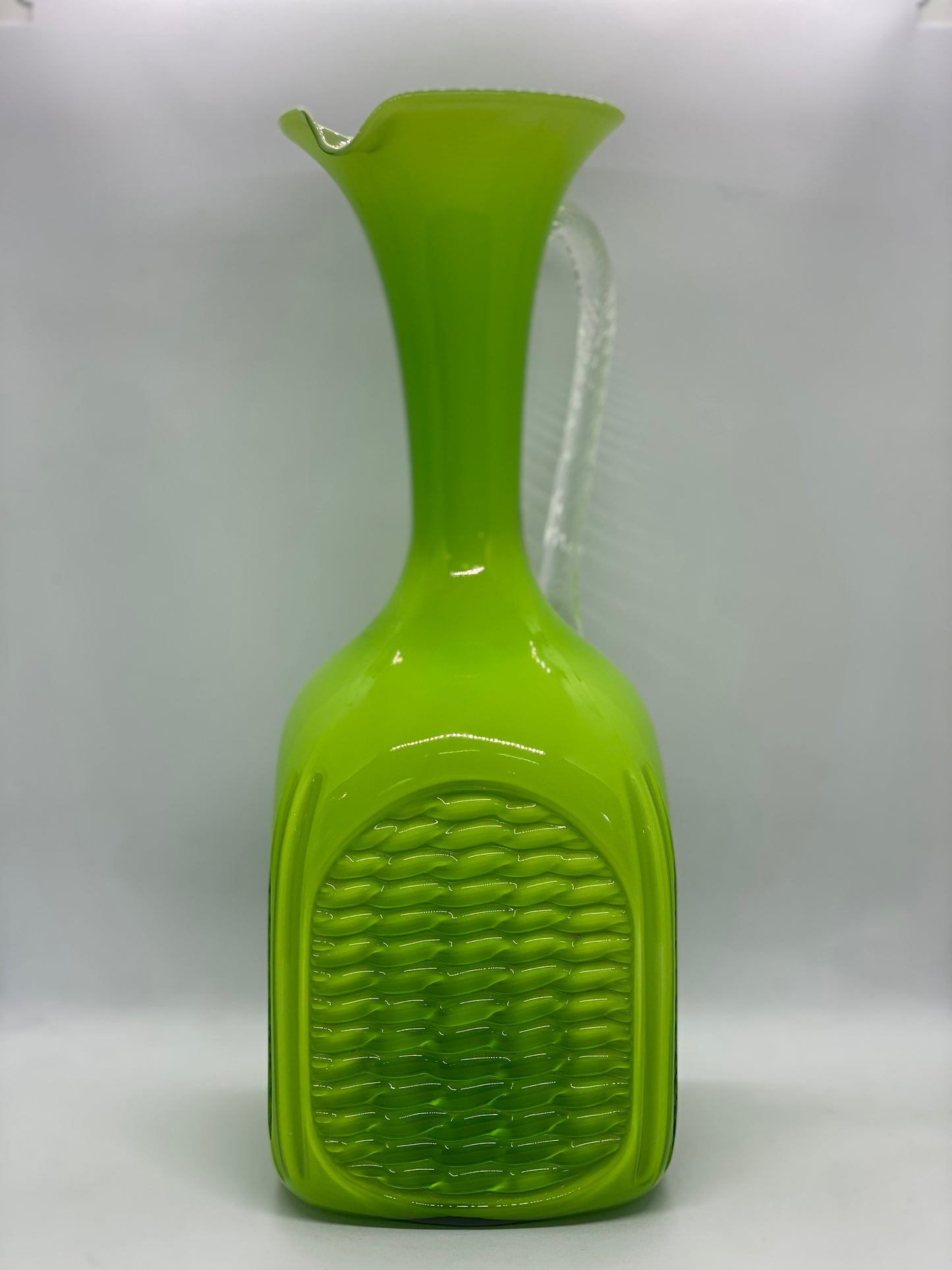 Mid century Green Art Glass Vase with Basket Weave Detail