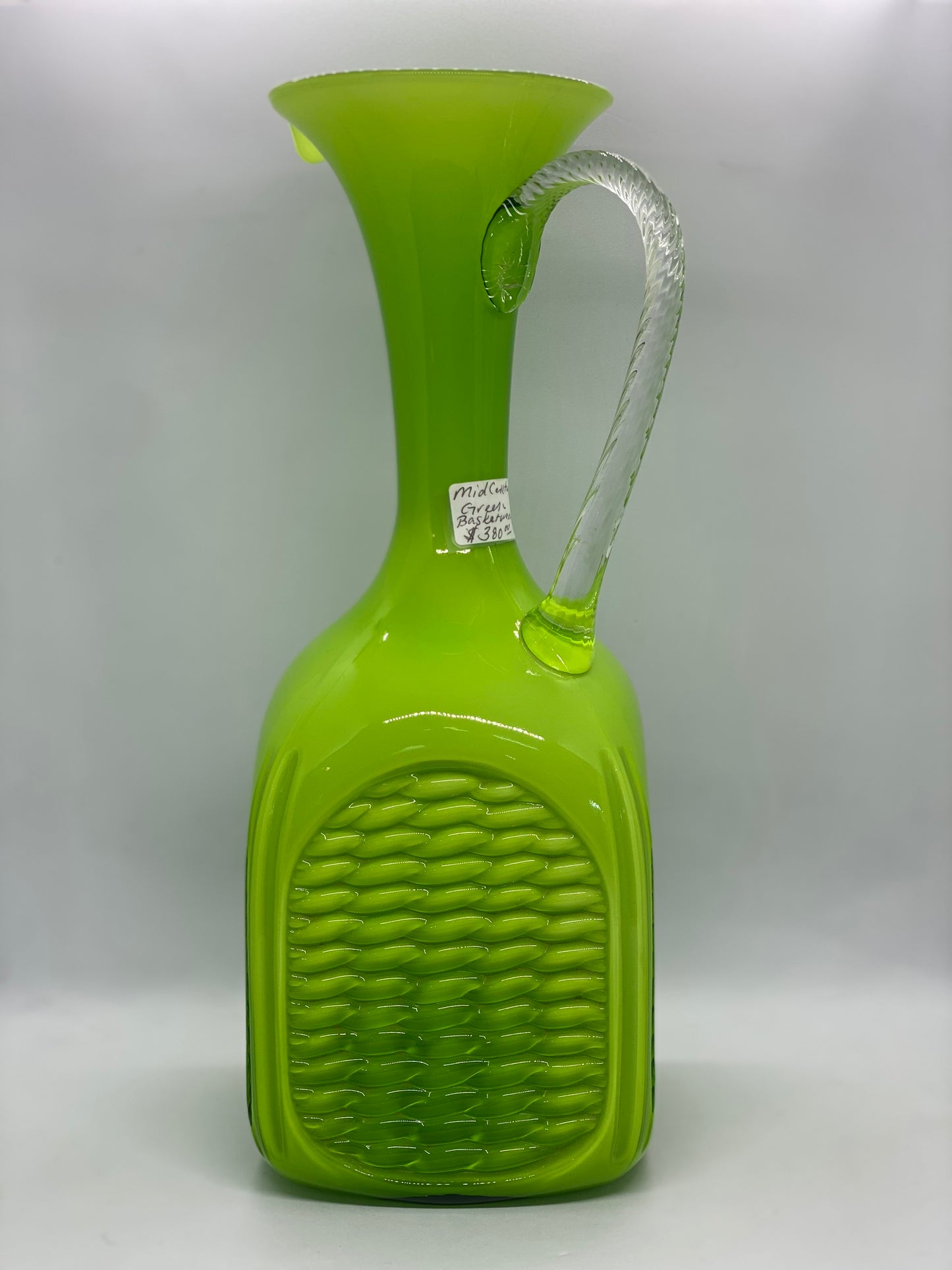 Mid century Green Art Glass Vase with Basket Weave Detail