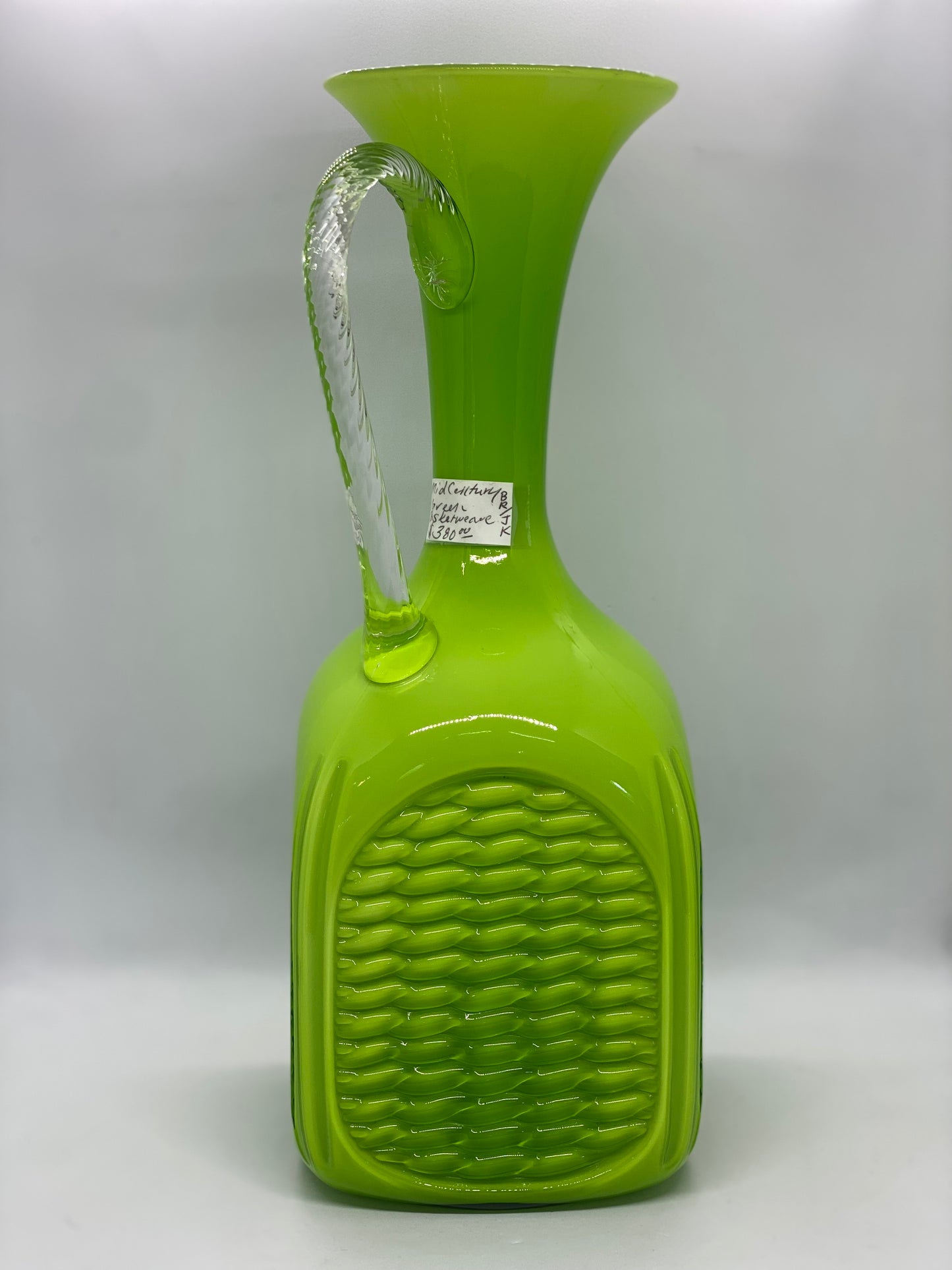 Mid century Green Art Glass Vase with Basket Weave Detail