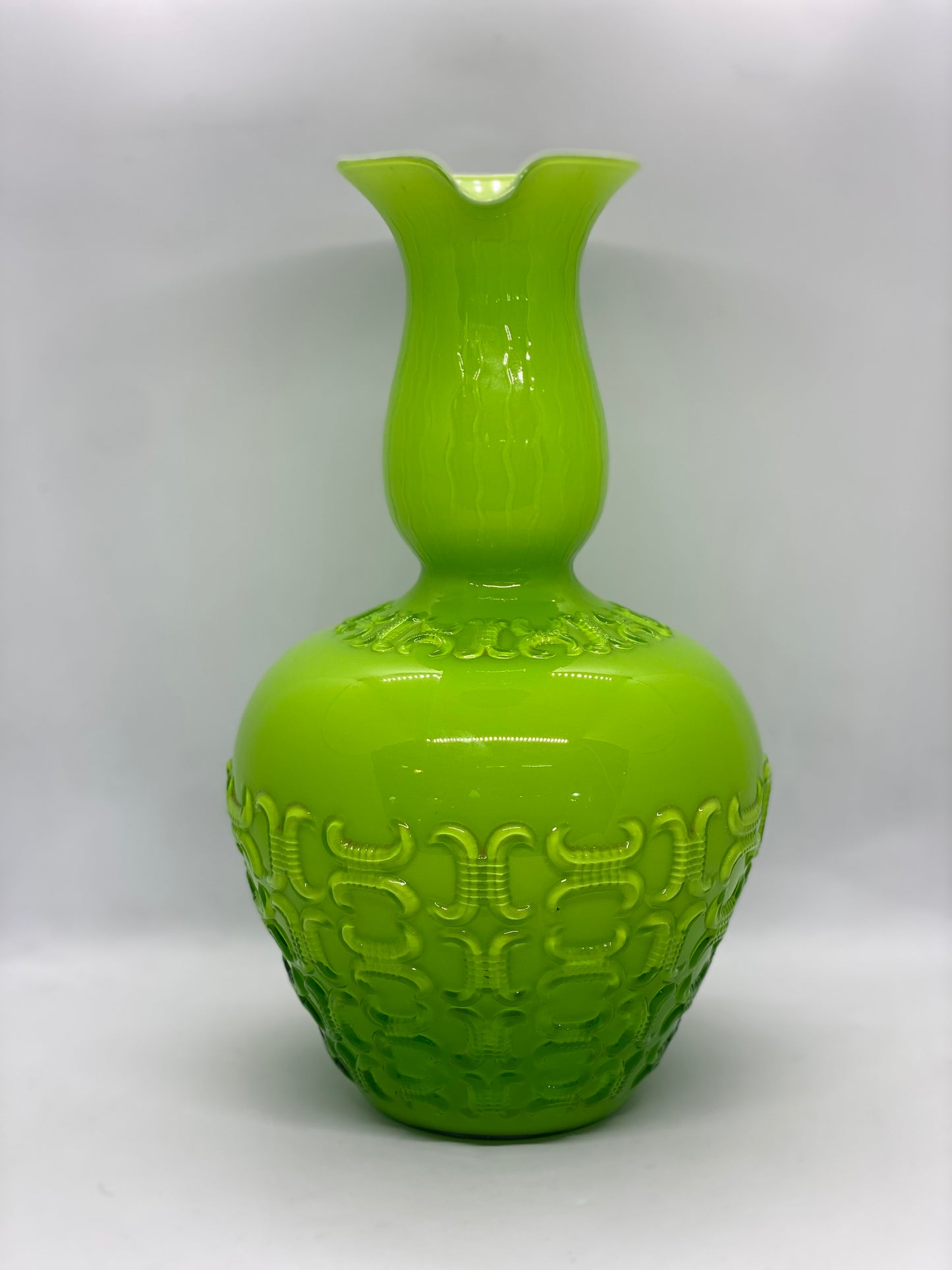 Mid century Green Art Glass Vase with Funky Geometric Details