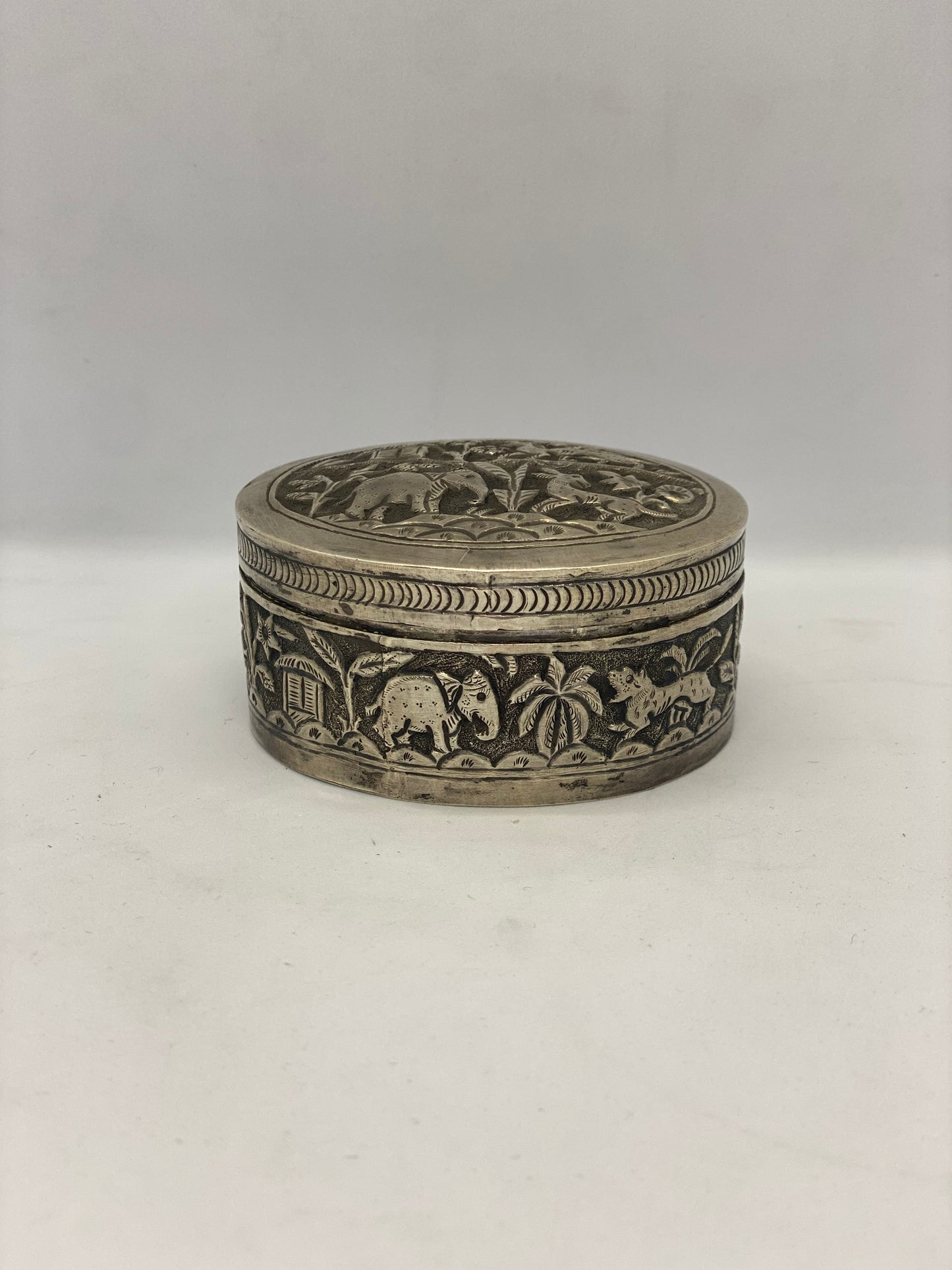 Antique Small Indian Silver Box with Village Scenes