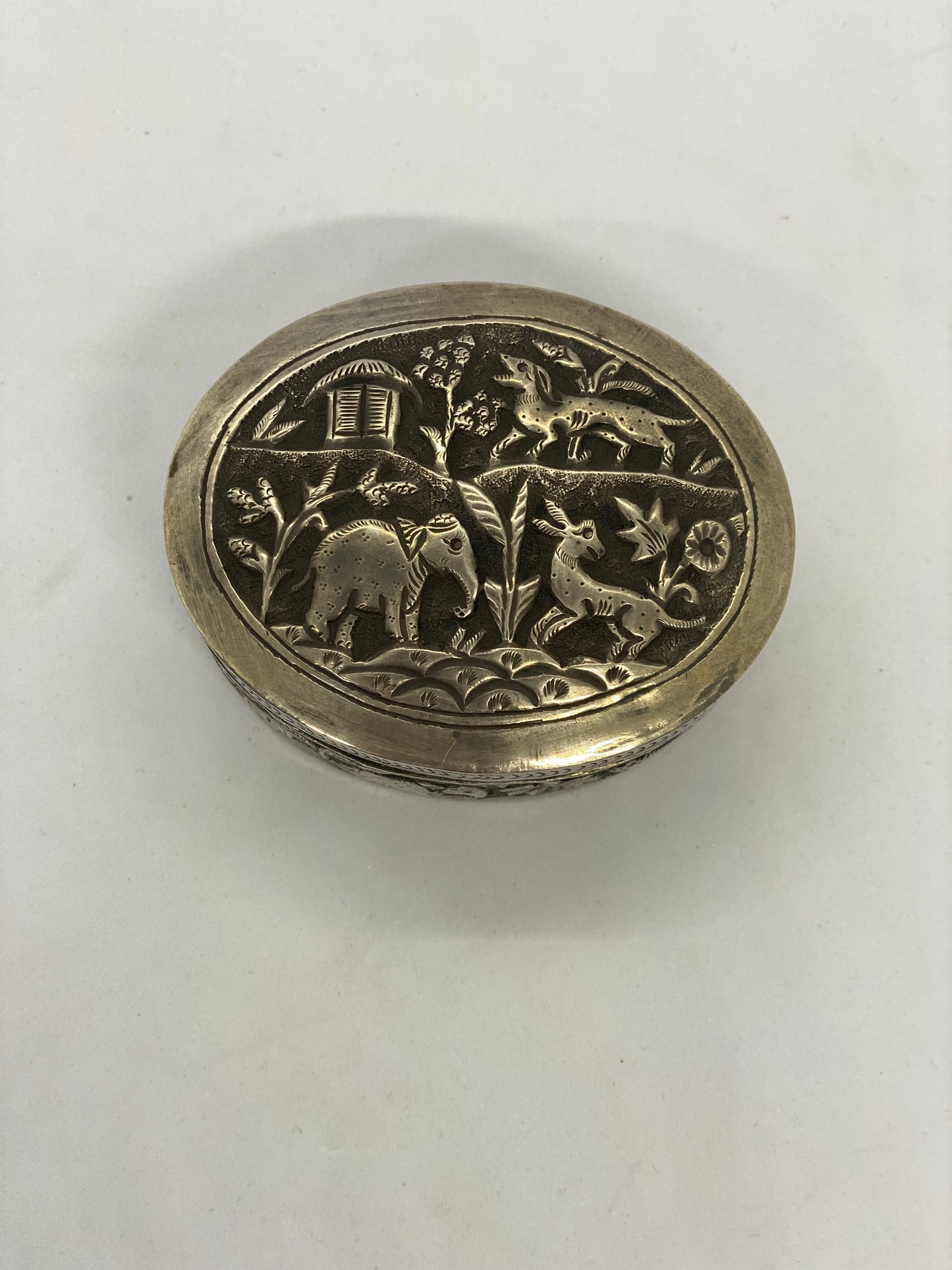 Antique Small Indian Silver Box with Village Scenes