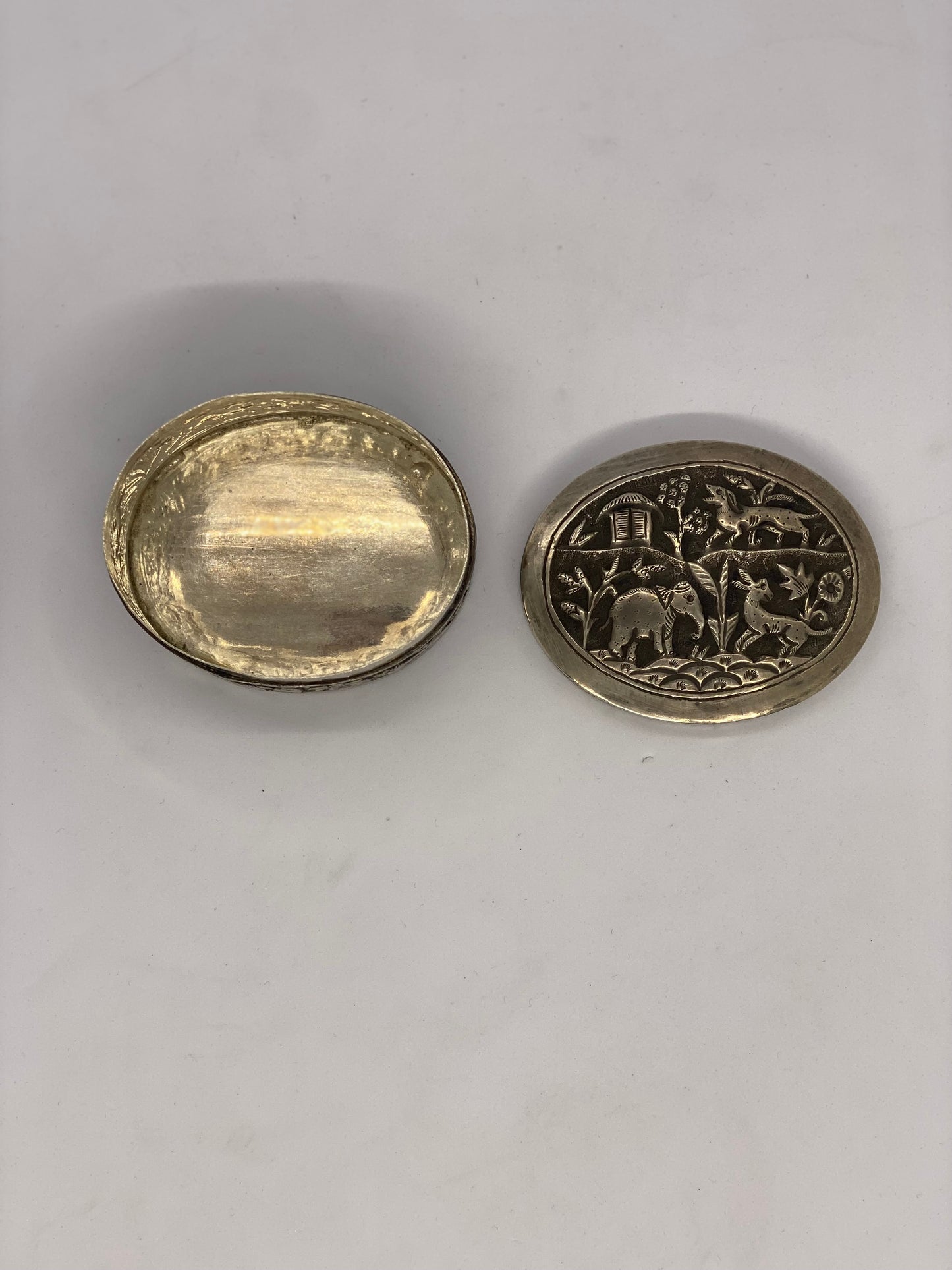 Antique Small Indian Silver Box with Village Scenes