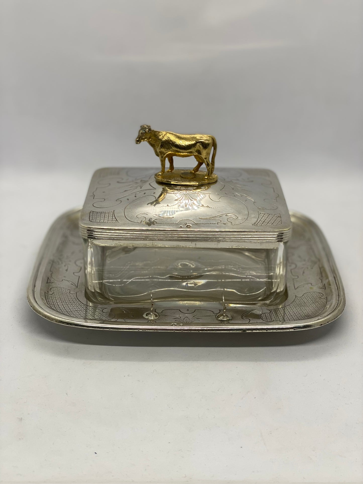 Antique Austro-Hungarian gilt and silver Cow Finial and Crystal Butter Dish