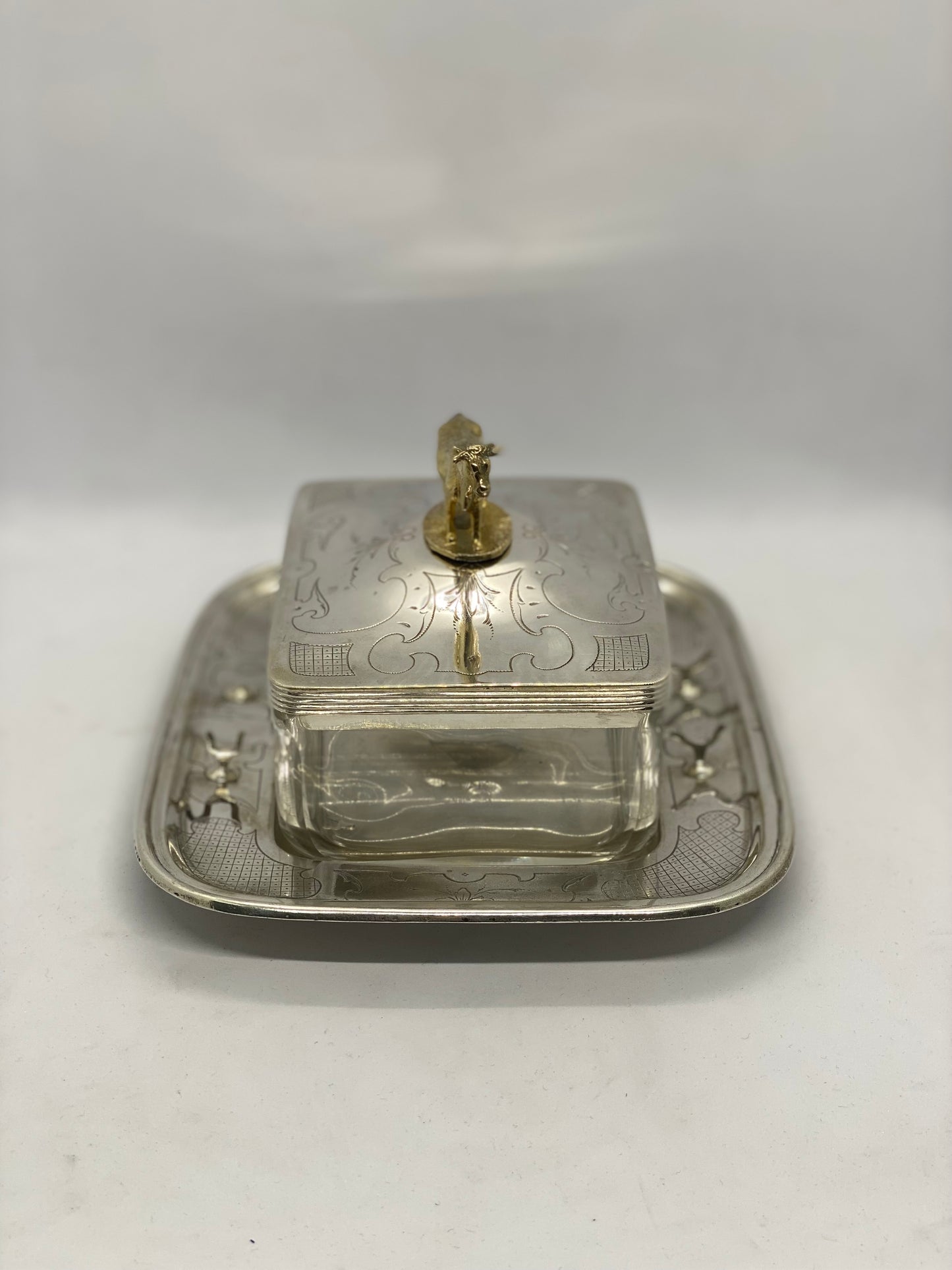 Antique Austro-Hungarian gilt and silver Cow Finial and Crystal Butter Dish