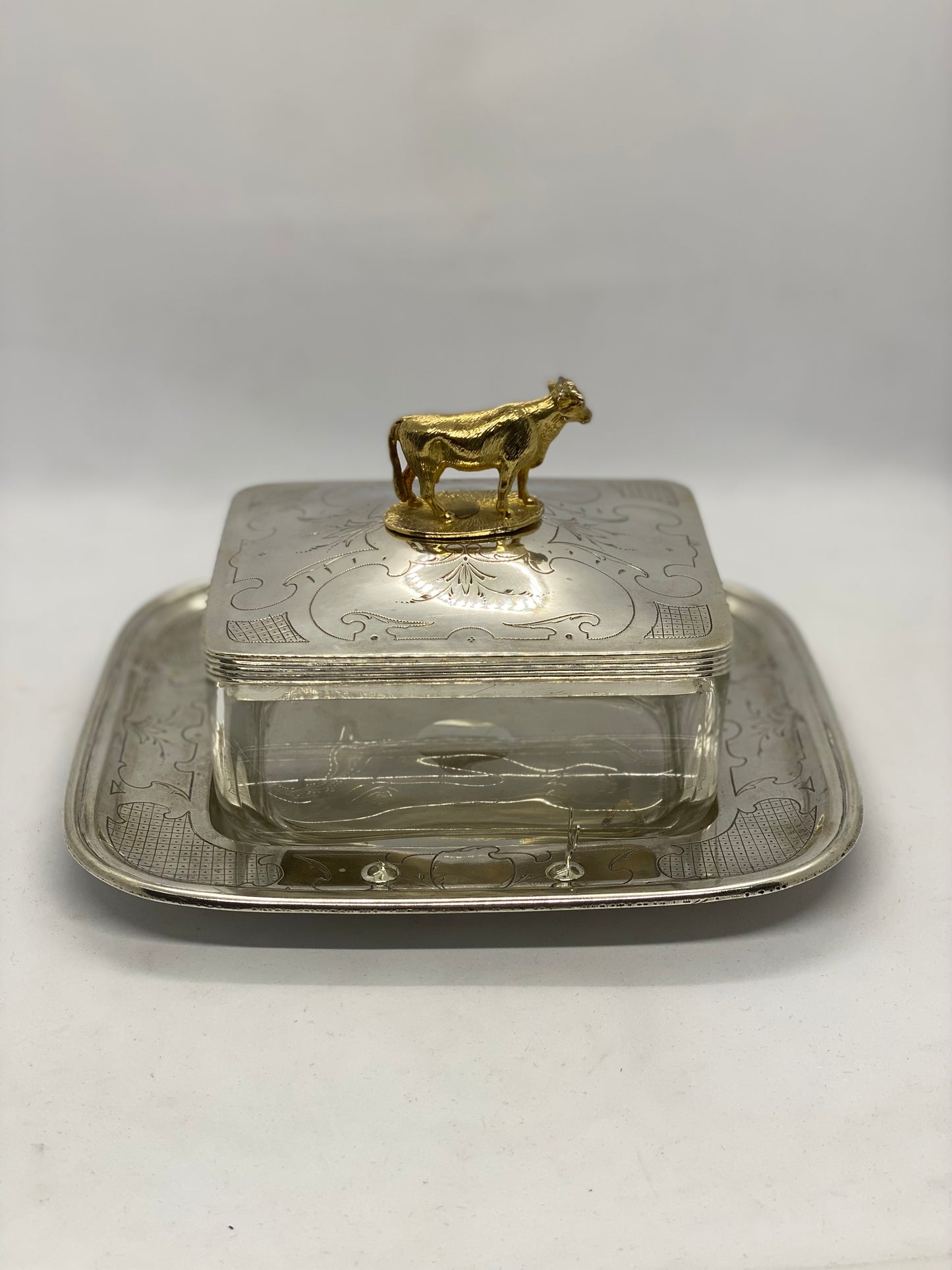 Antique Austro-Hungarian gilt and silver Cow Finial and Crystal Butter Dish