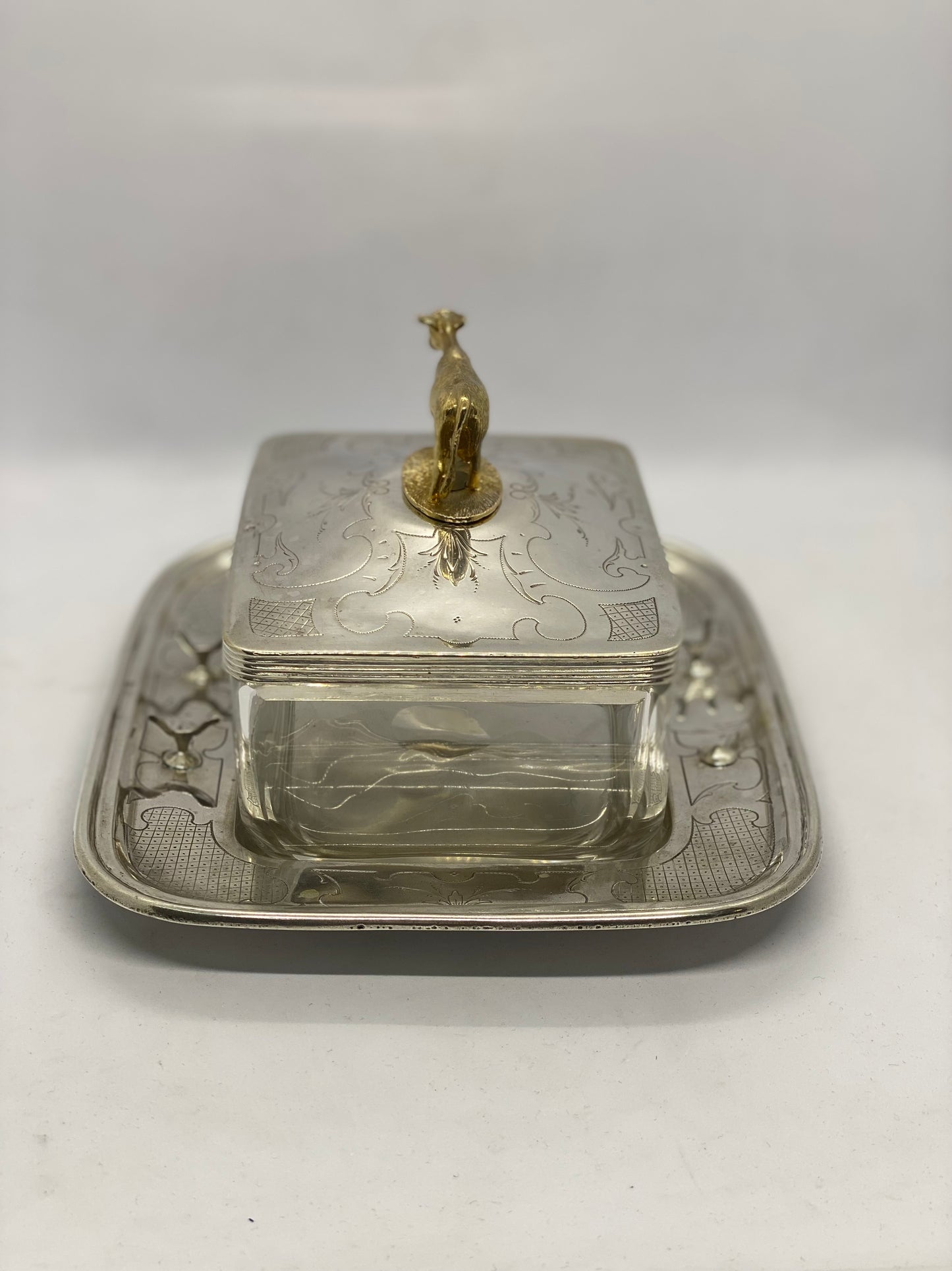 Antique Austro-Hungarian gilt and silver Cow Finial and Crystal Butter Dish