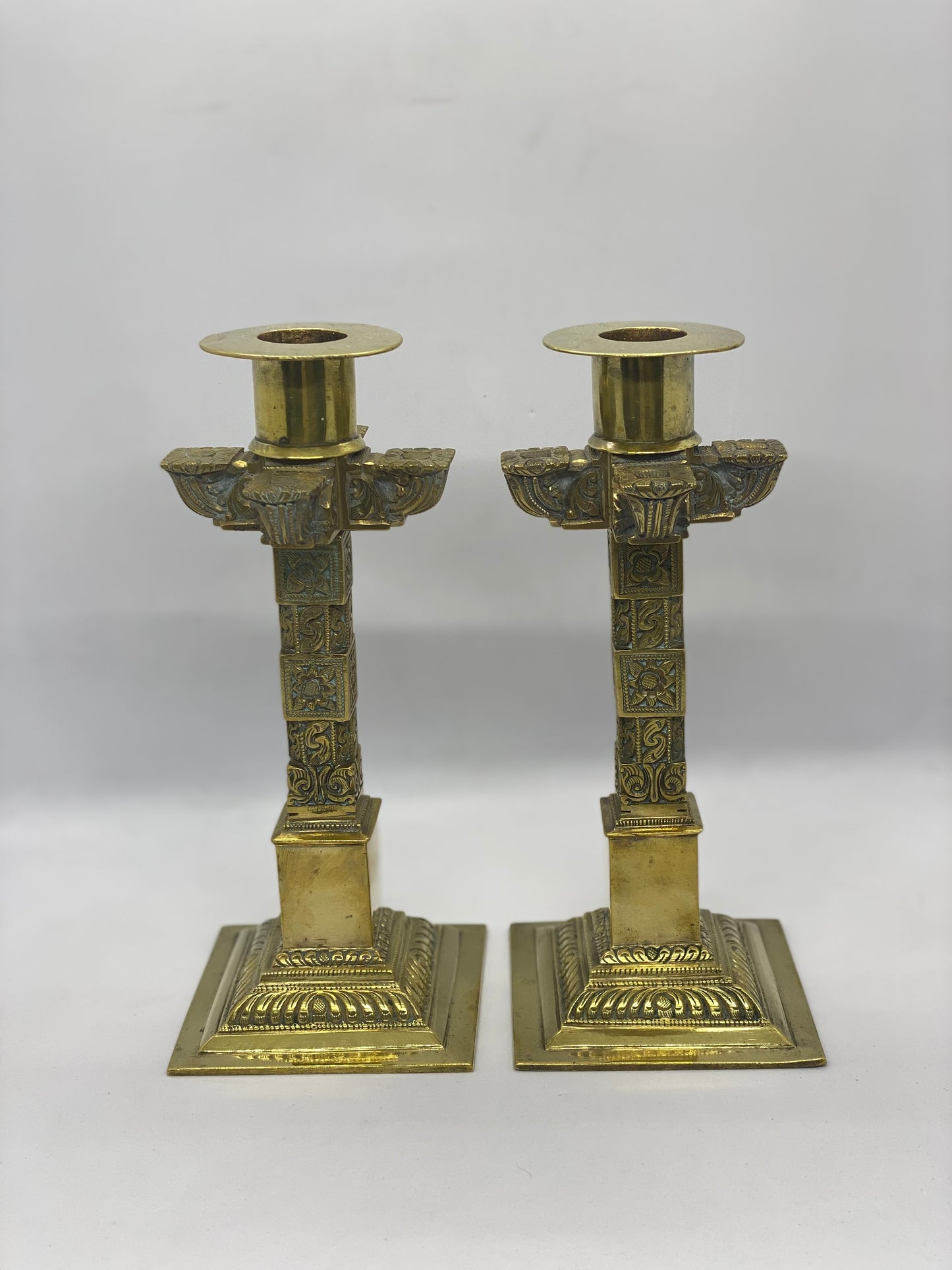 19th Century Brass Ecclesiastical Pair of Candlesticks