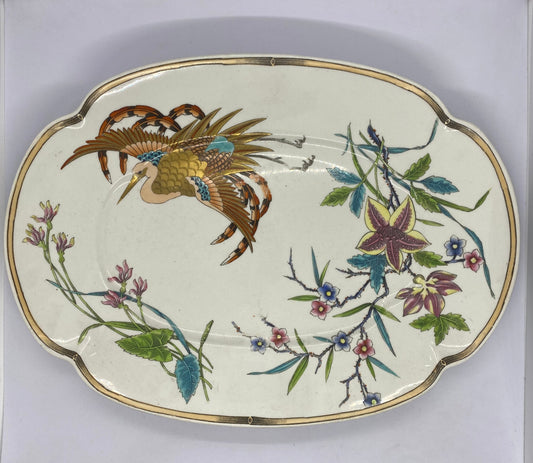 维多利亚中晚期大号鹤与花卉图案盘