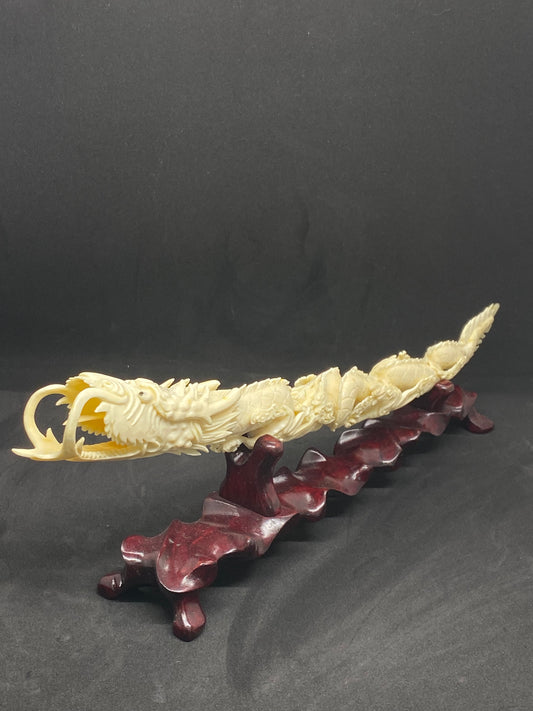 Large Antique Ivory Chinese Dragon Figurine Carved from Tusk