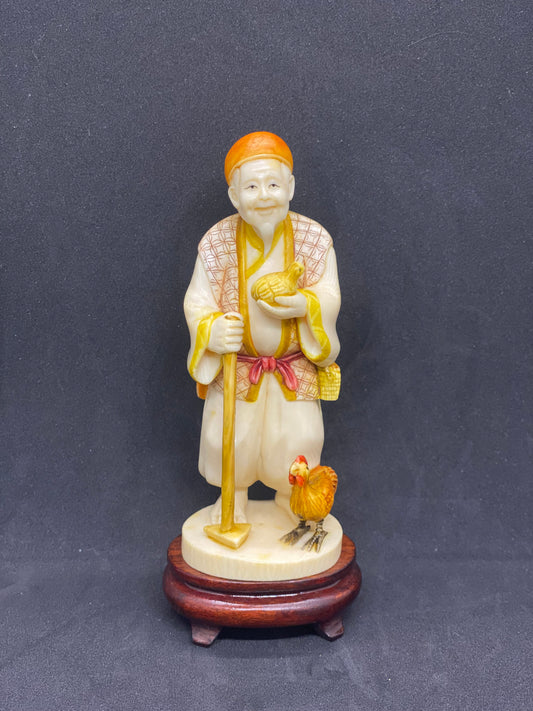 Large Japanese Meiji Period Ivory Figurine of Farmer with Chickens signed by Ryujin