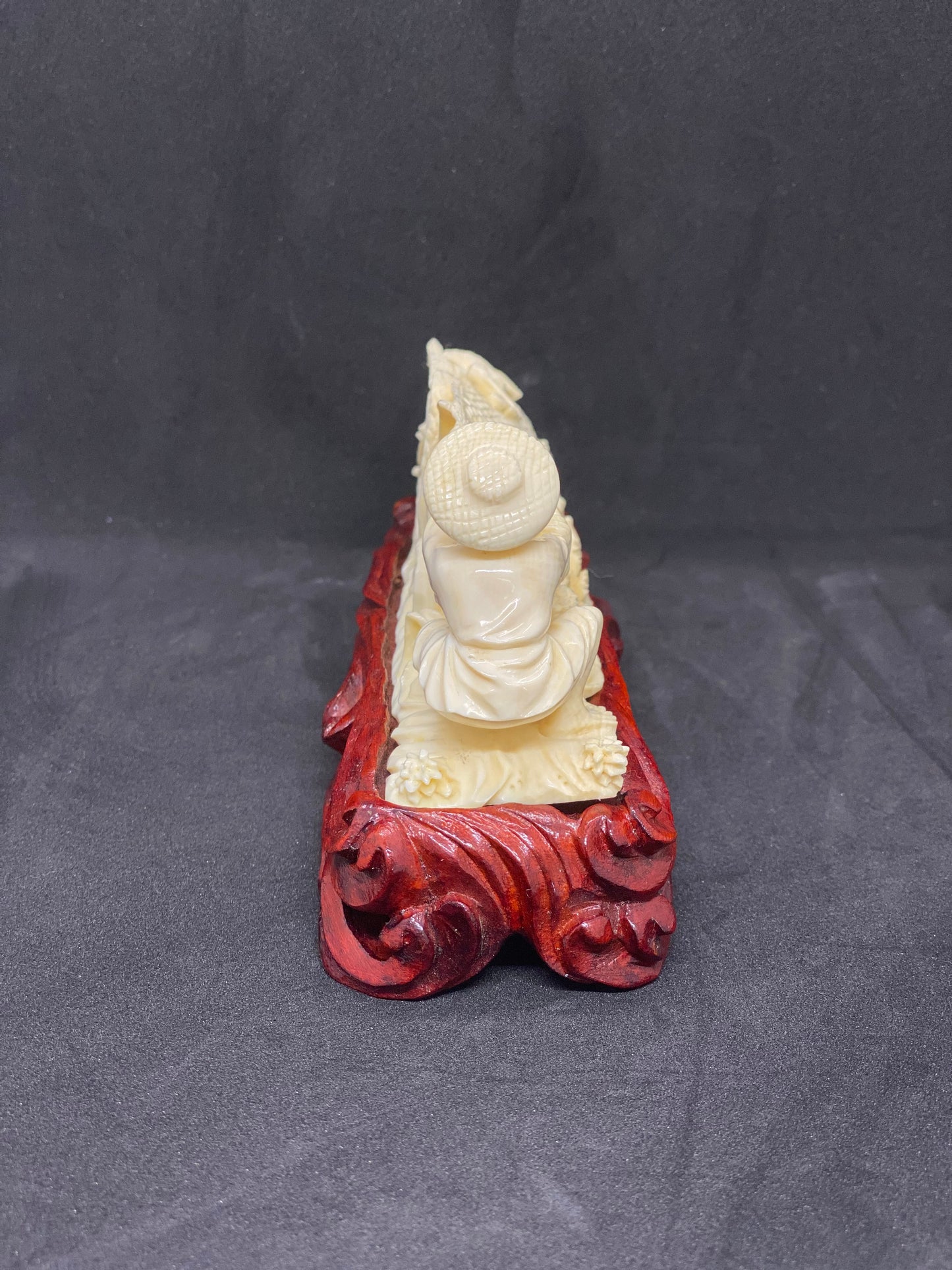 Small Ivory Figurine of Fisherman holding Net w Crane