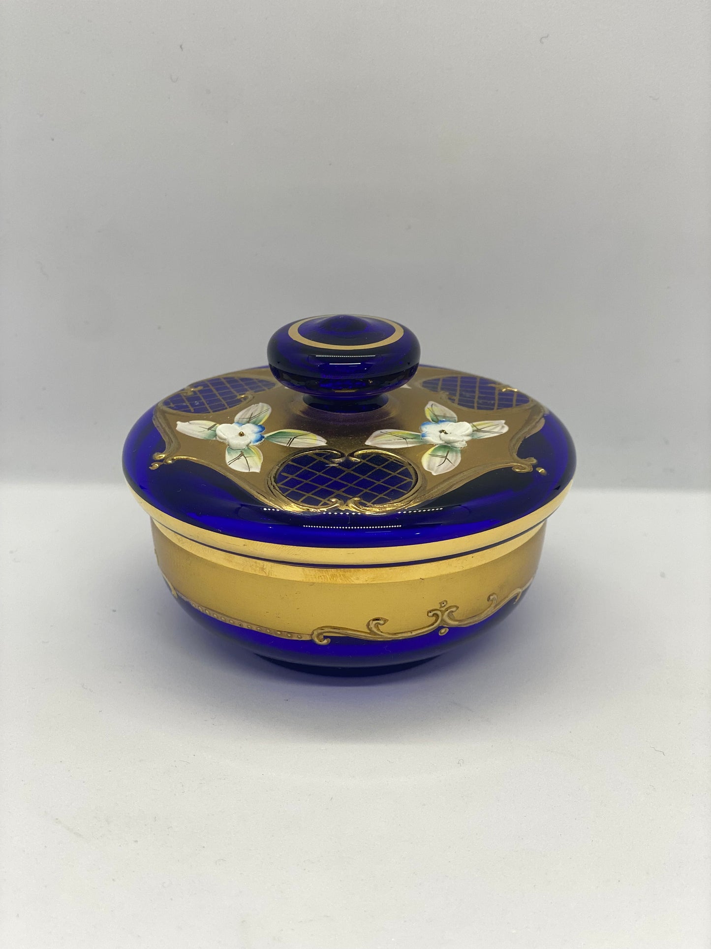 Mid Century Bohemian Crystal Cobalt Blue Lidded Dish