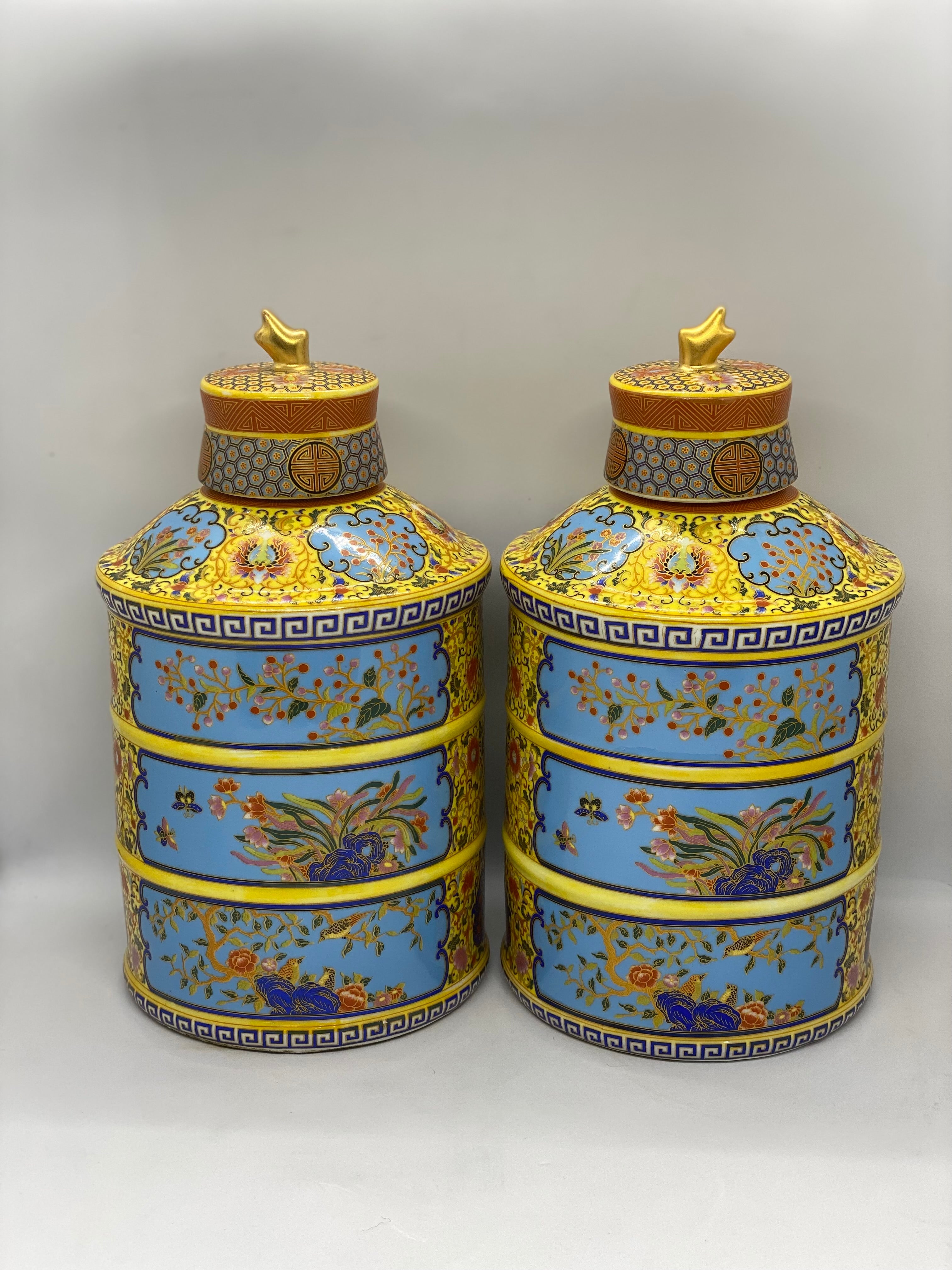 Pair of early 20th Century Chinese Yellow and Blue Polychrome Canister ...