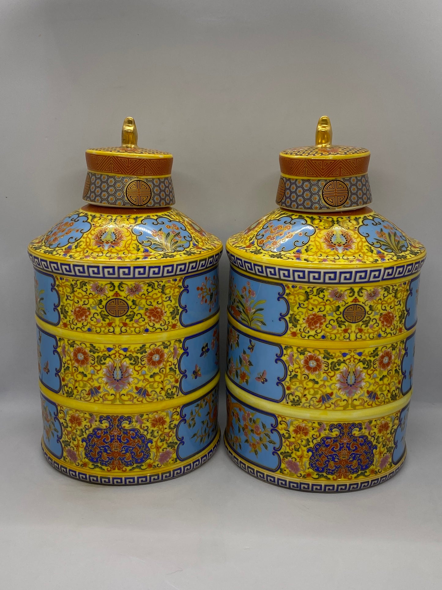 一对二十世纪中国黄蓝彩罐