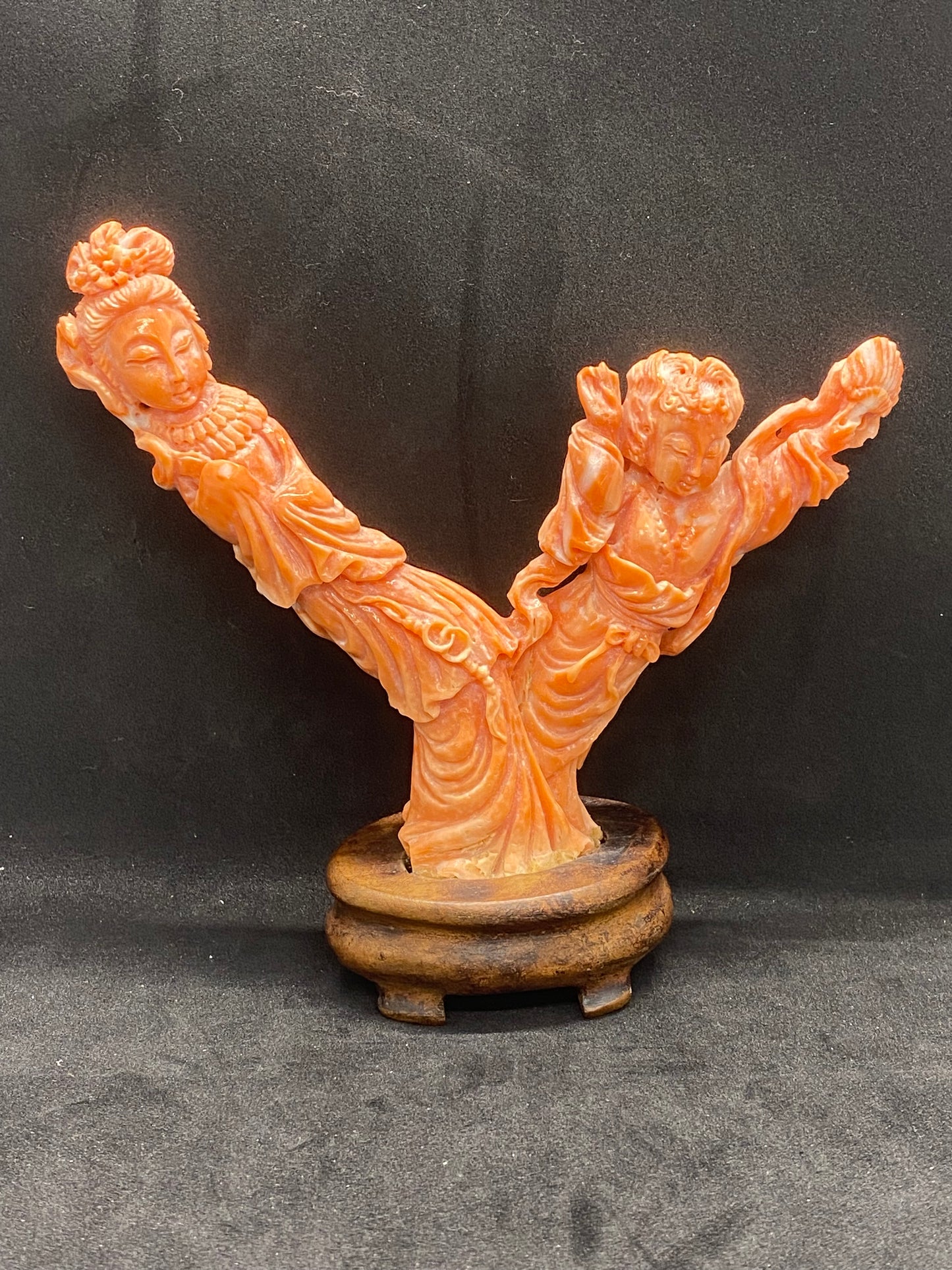 Exquisite carved Antique Chinese Coral Figurine Depicting Two Heavenly Maidens