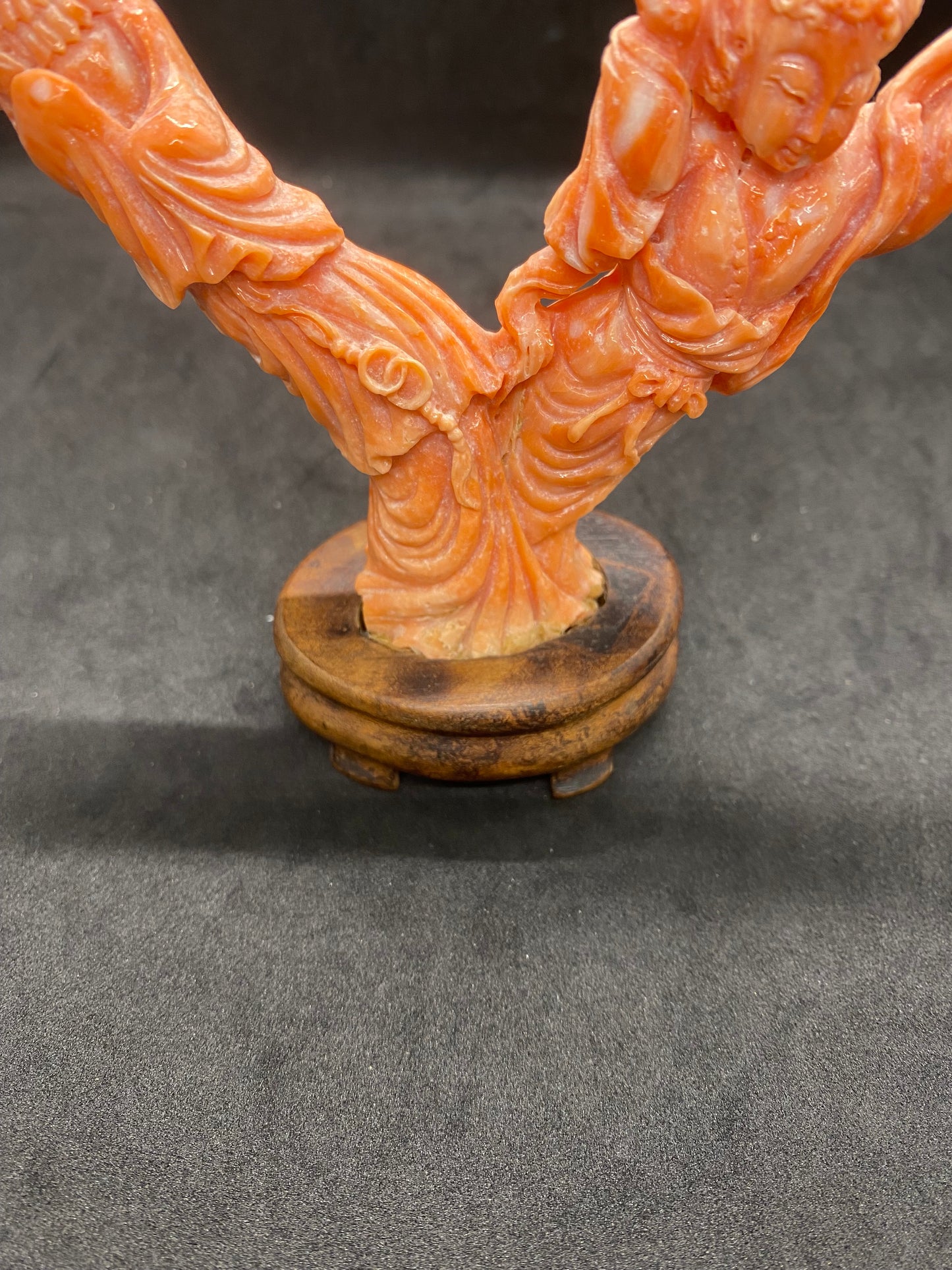 Exquisite carved Antique Chinese Coral Figurine Depicting Two Heavenly Maidens