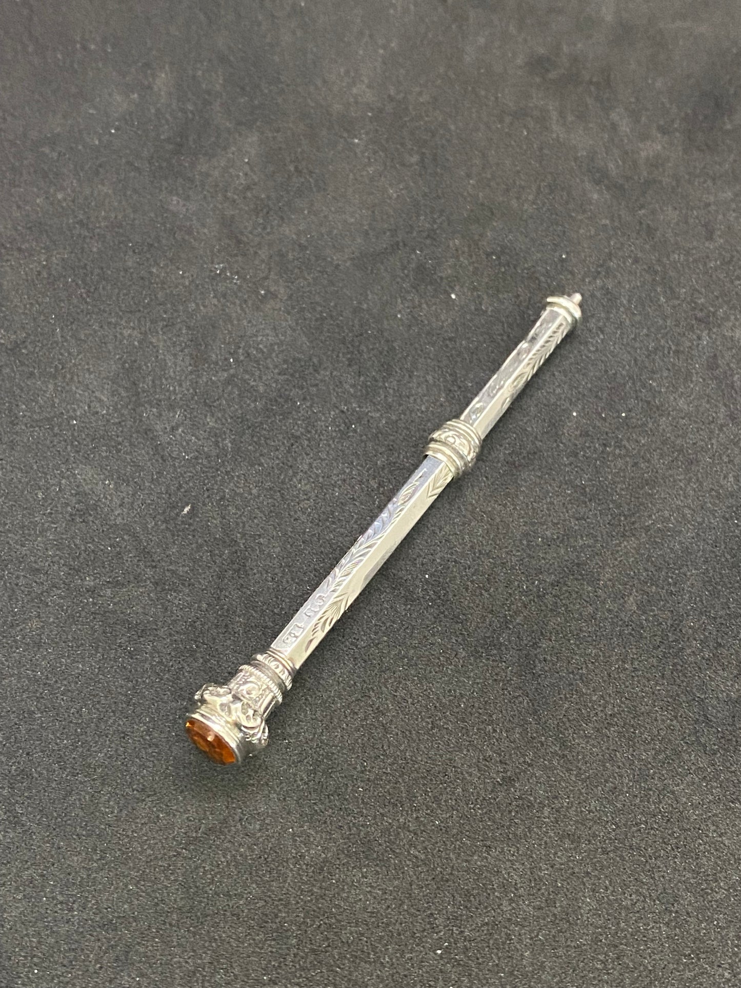 Late 19th Century Victorian Silver Propelling Pencil w/ Citrine and Glass Seal Fob Top