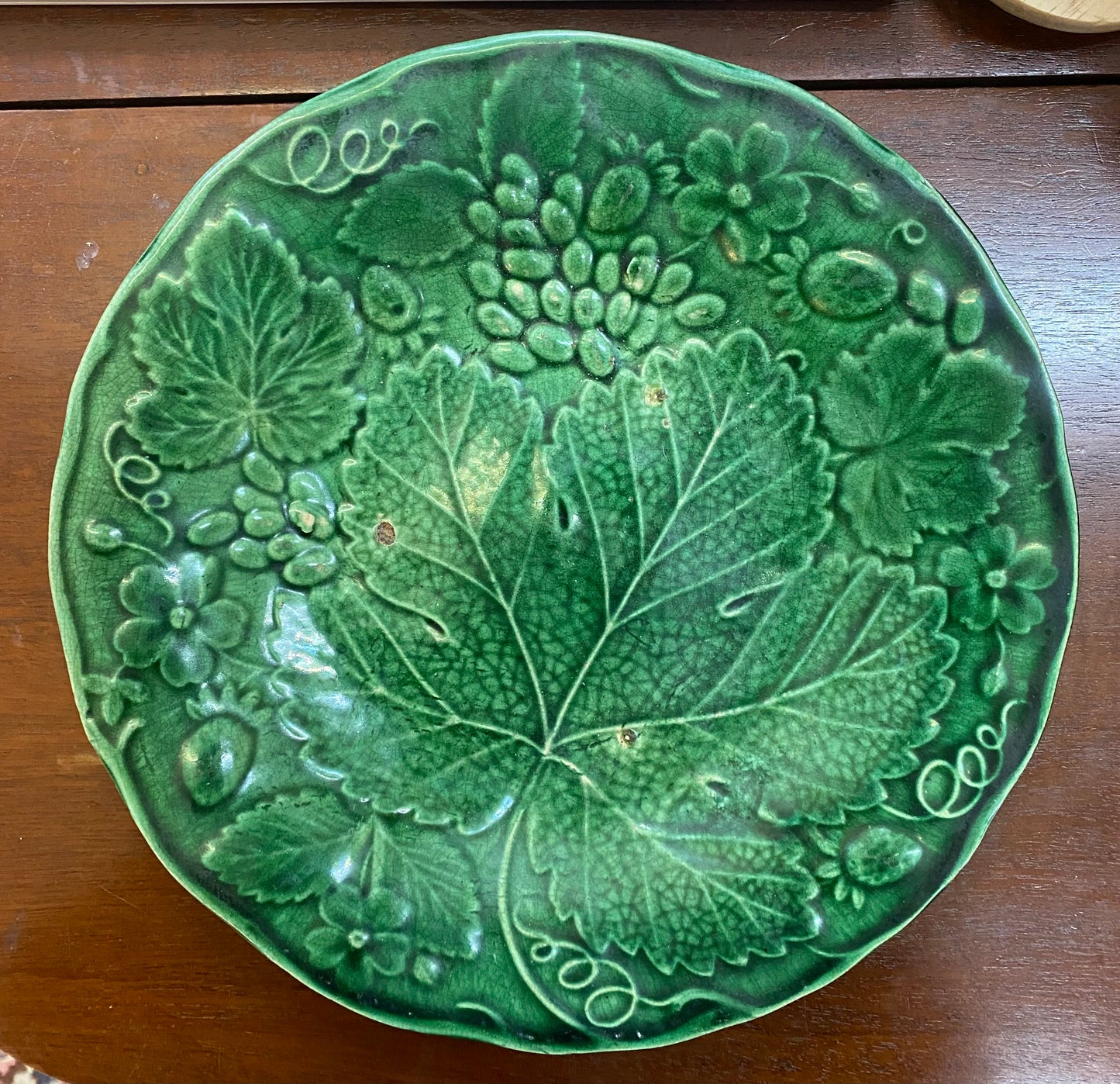 Antique Majolica Plate in a Lovely Strawberry Leaf Pattern