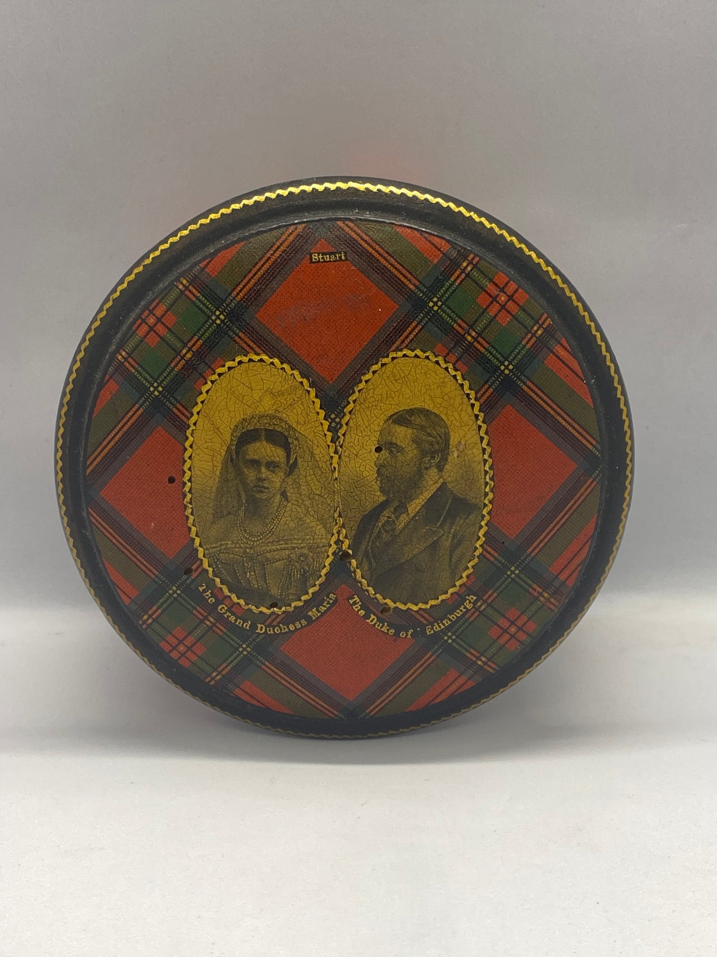 Rare Victorian Tartan Ware Sewing Reel Box Commemorating The Duke of Edinburgh's Marriage