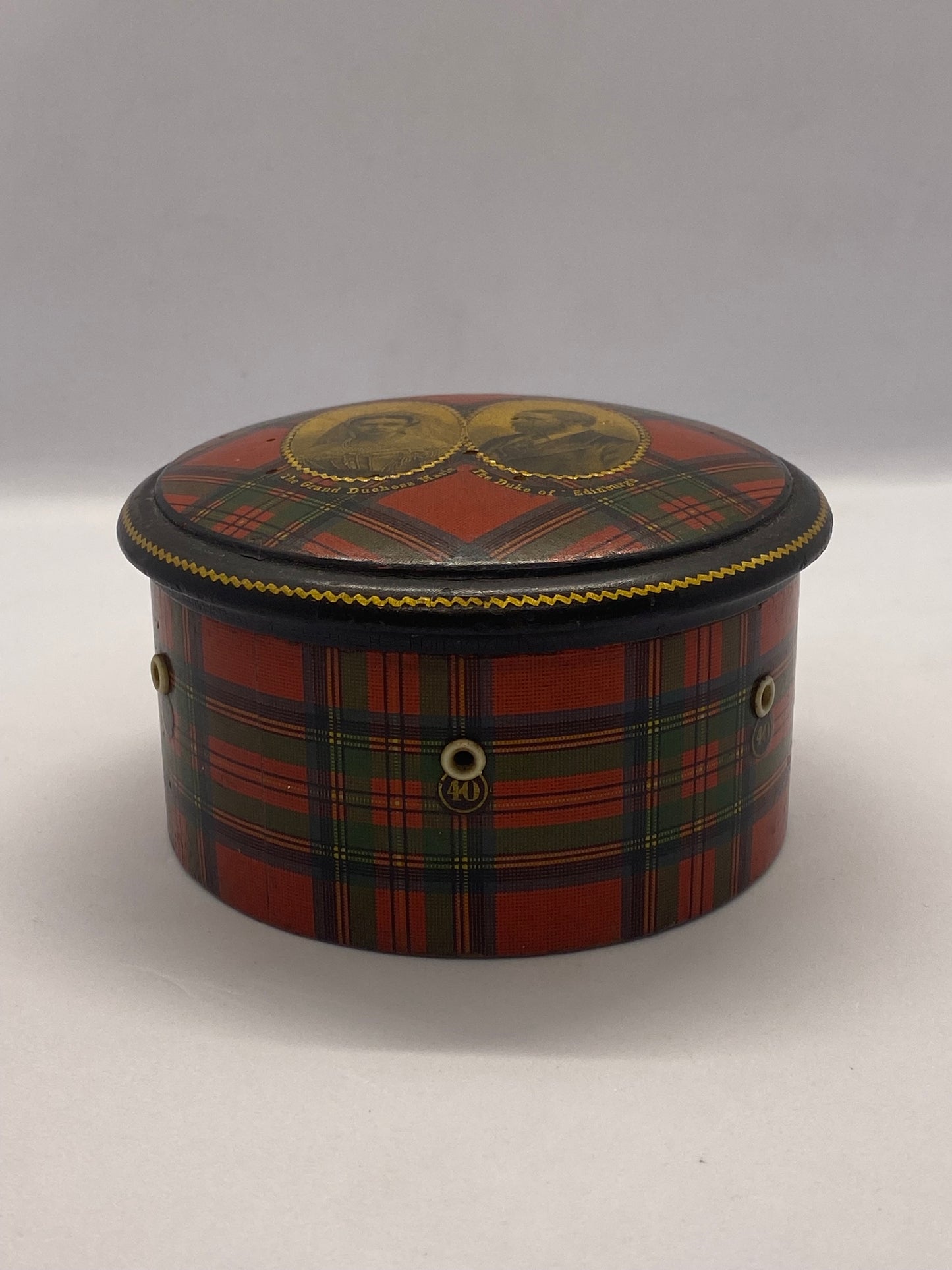 Rare Victorian Tartan Ware Sewing Reel Box Commemorating The Duke of Edinburgh's Marriage