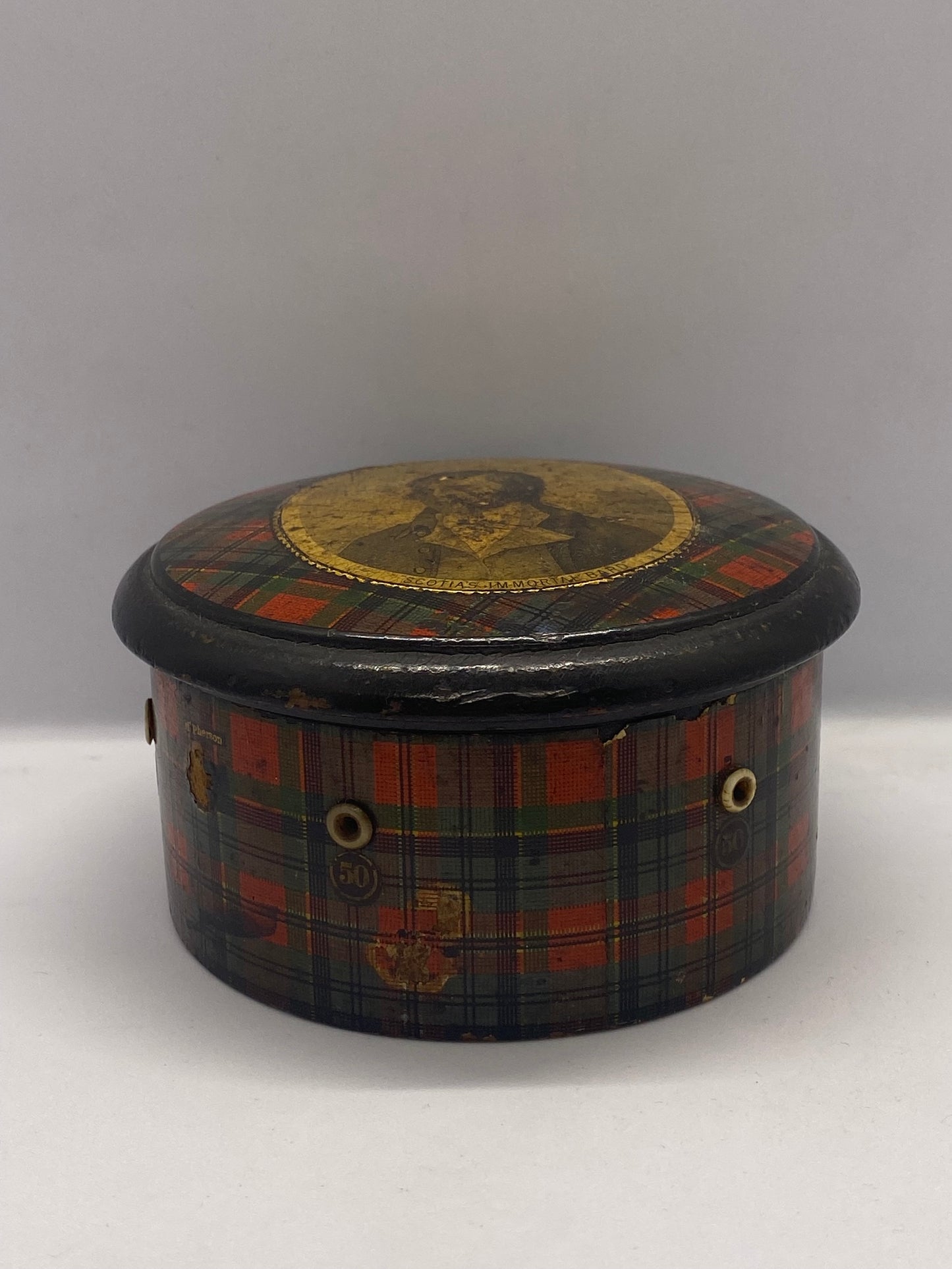 Rare Victorian Tartan Ware Sewing Reel Box Commemorating Robert Burns