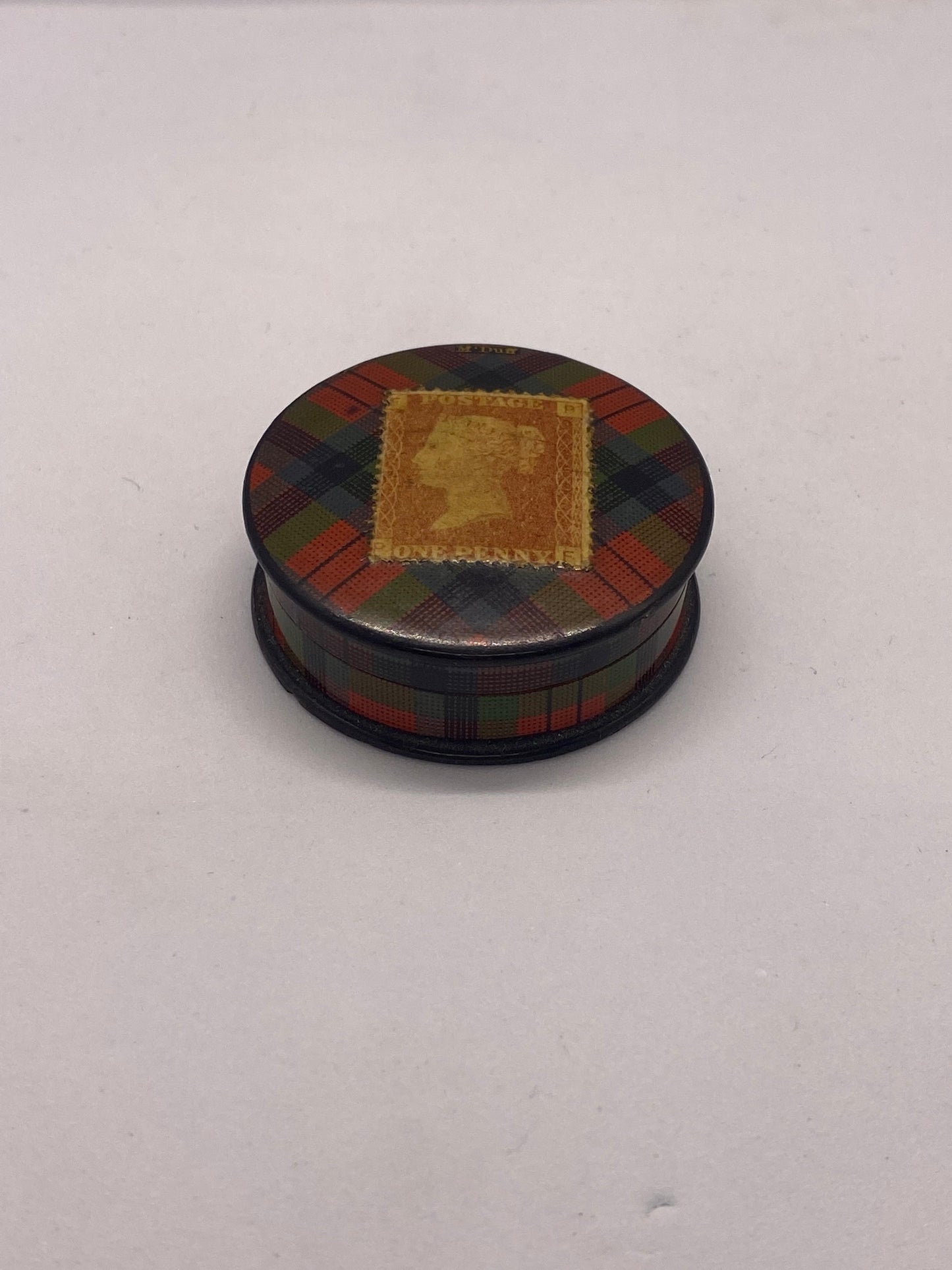 19th Century Victorian Tartan Ware Box Decoupaged w Penny Red Stamp