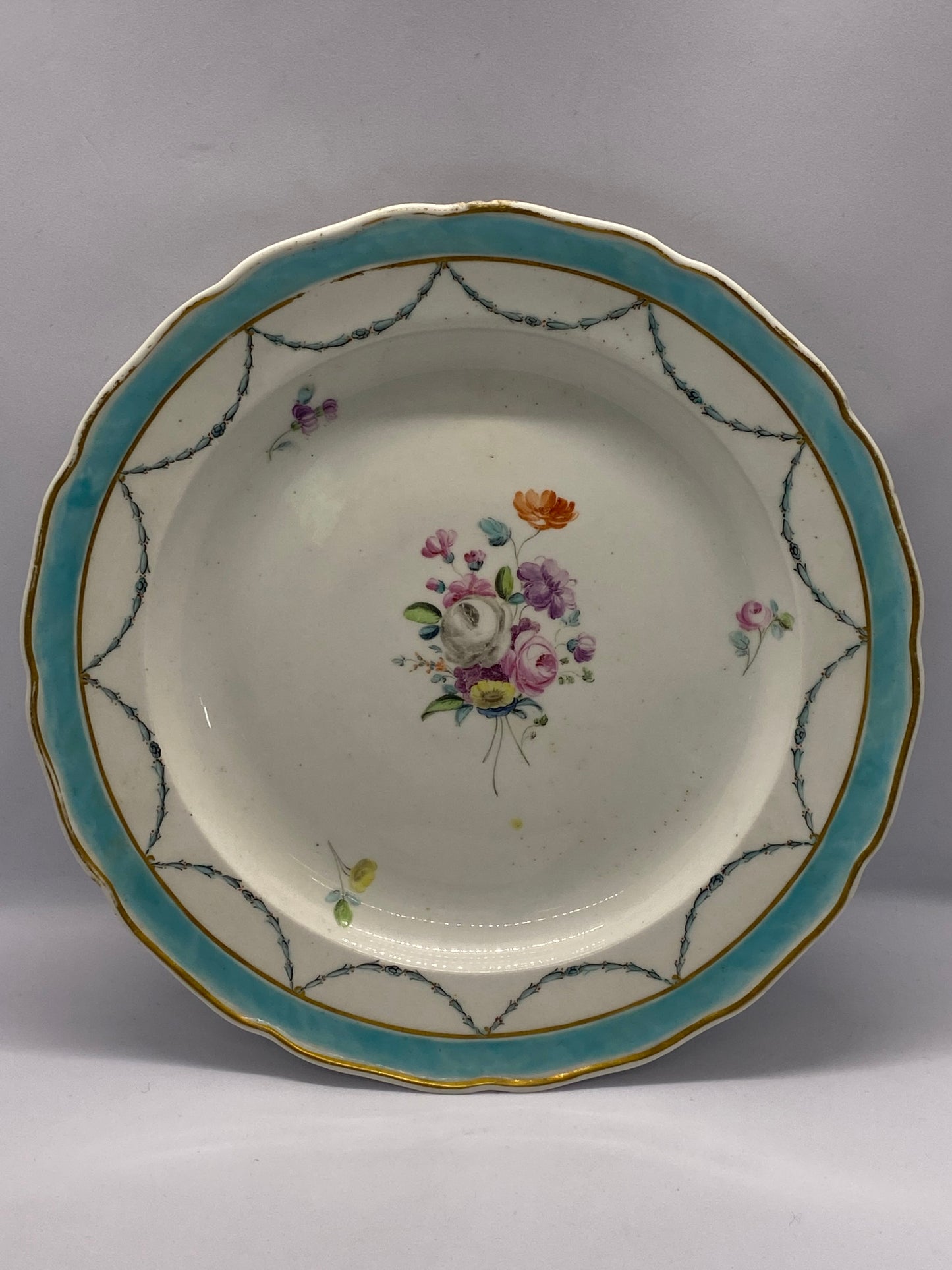 Crown Derby Plate w/ Turquoise Border & Floral Chain c 1775-1781