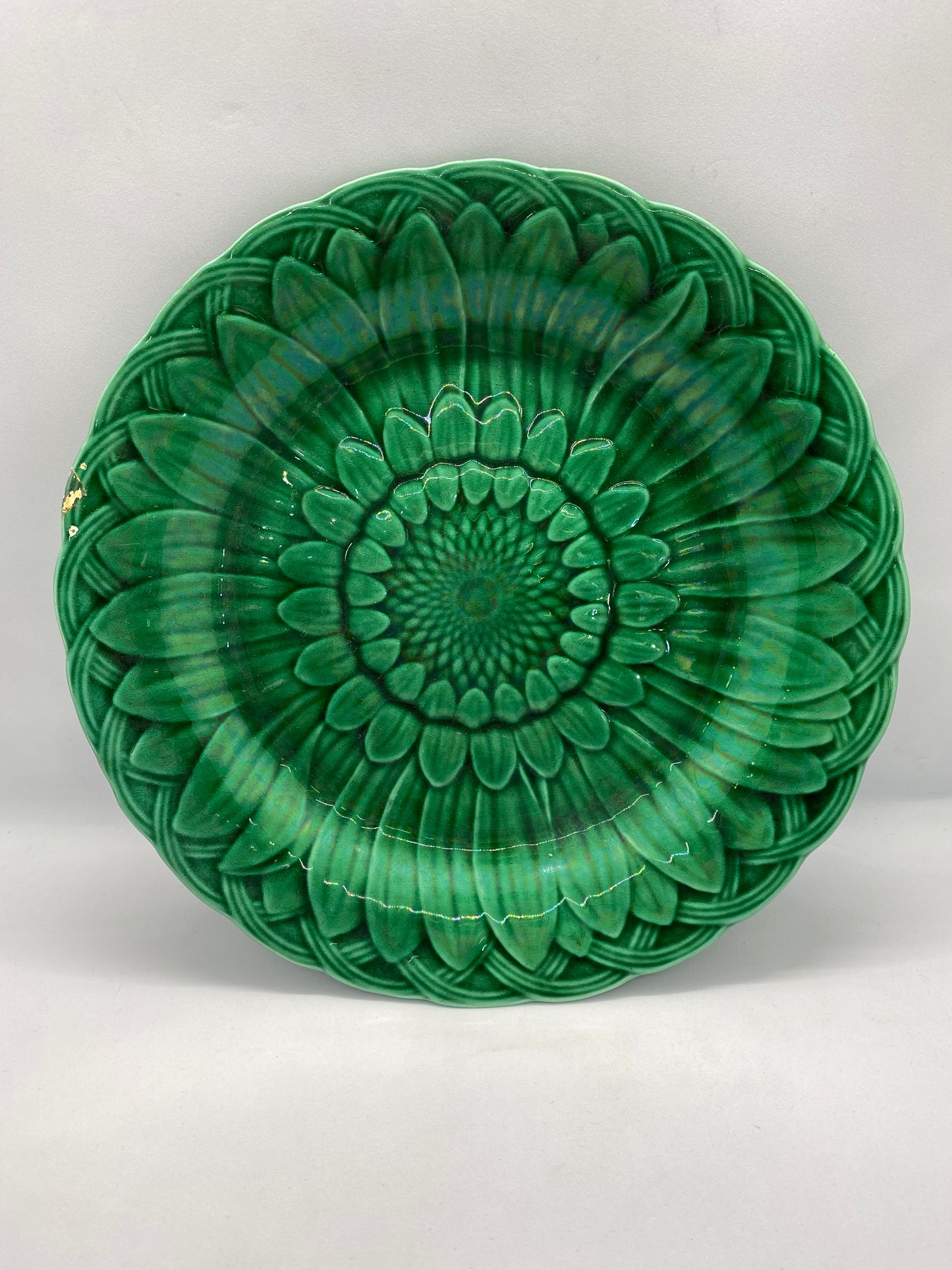 Late 19th century Majolica Plate w Sunflower & Basketweave Motif